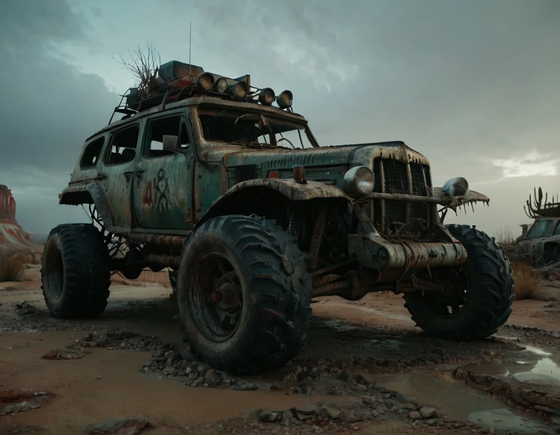a powerful off-roader, post-apocalyptic, mad max style, weathered and dystopian, desert landscape, dramatic lighting, vibrant colors, gritty and rugged, heavily modified vehicle, massive wheels, spikes and armor plating, menacing presence, cinematic composition, ultra-detailed, 8k, photorealistic, dramatic angles, chiaroscuro lighting, volumetric fog, dust and grime effects, worn and battle-damaged, ominous atmosphere, cinematic depth of field, dramatic color grading, intense shadows and highlights