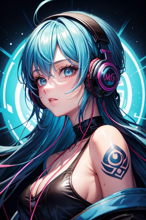 Background bright blue, portrait girl with colorful hair, big headphones, tattoo on neck