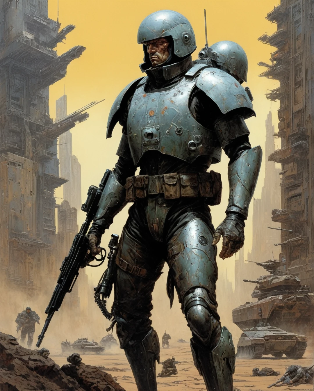 John Blanche Style, ((Best Quality, best resolution, award-winning portrait, official art)), ((perfect Masterpiece)), ((Realistic)) and ultra-detailed photography of a In a dystopian cyberpunk future, a mesmerizing propaganda poster beckons viewers to enlist in the military. Combining the gritty art style of Frank Frazetta with the futuristic flair of Moebius, the image features a cybernetically enhanced soldier, clad in sleek, reflective armor and wielding cutting-edge weapons. The intricate detailing, vivid colors, and dynamic composition elevate this digital painting to a level of unparalleled artistry, capturing the essence of a war-torn, technologically advanced world with stunning precision.