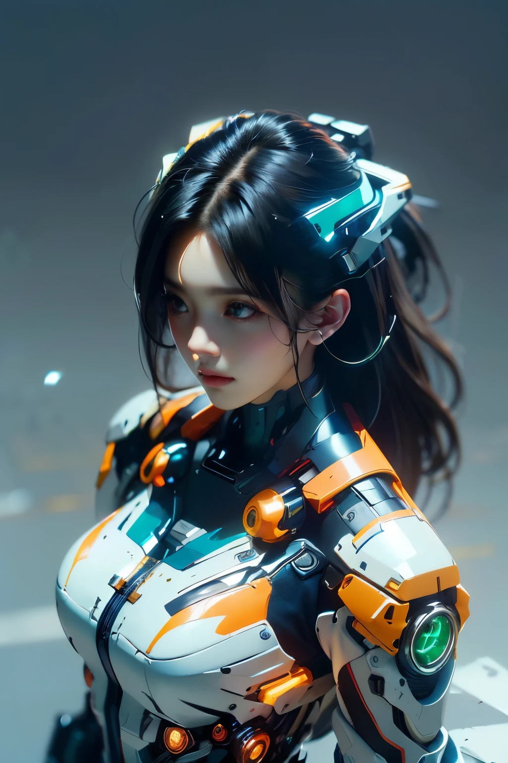 The basic color of the mecha is orange masterpiece,Background white bright top quality, high quality, (Portrait of a real person) (future:1.1), (orange, green, blue and white cyberpunk suit), Soft Lighting, (Exquisite future),Doctor robe white windbreaker medical staff beautiful and beautiful, Ultra Detailed, Amazing composition, floating, Depth of Field, (Plain white wallpaper), (Beautiful detail background), Beautiful hair details, Dramatic Lighting, Gogeta, mechanical,best quality,Ultra-high resolution,Photorealistic,,(Hair blowing in the wind),((The angle from which you shot from directly above)),(Confident expression),(Fashion pose),((Thunder)),(it's very windy),(Hair blowing in the strong wind),wet, go out, Wearing white doctor's robe