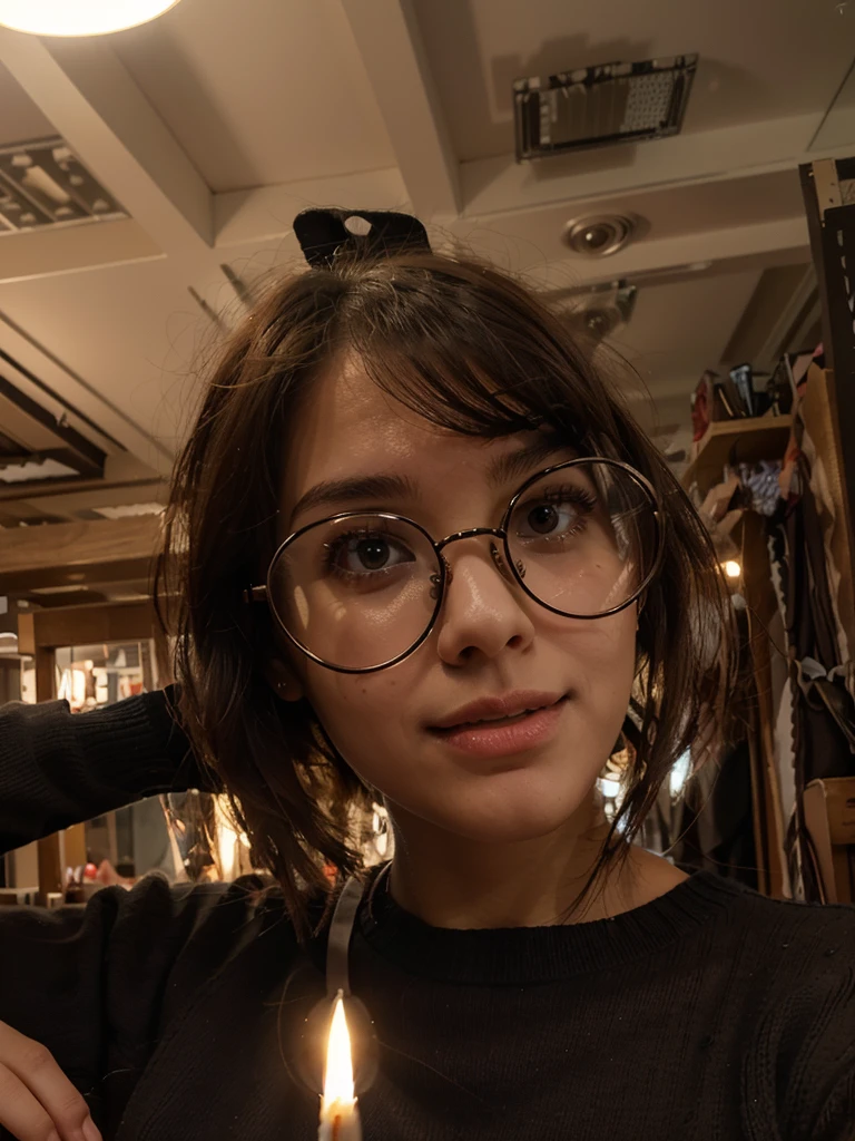 Young woman with light brown skin, dark round glasses, a round face, and a small mouth wearing a black sweater.