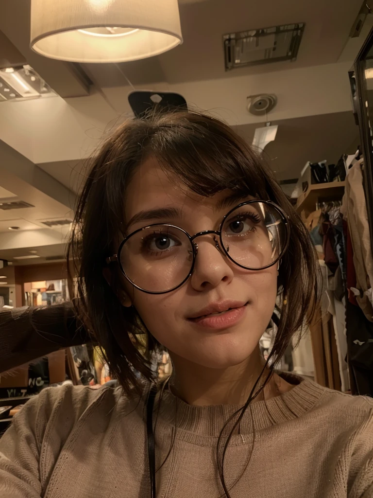 Young woman with light brown skin, dark round glasses, a round face, and a small mouth wearing a black sweater.
