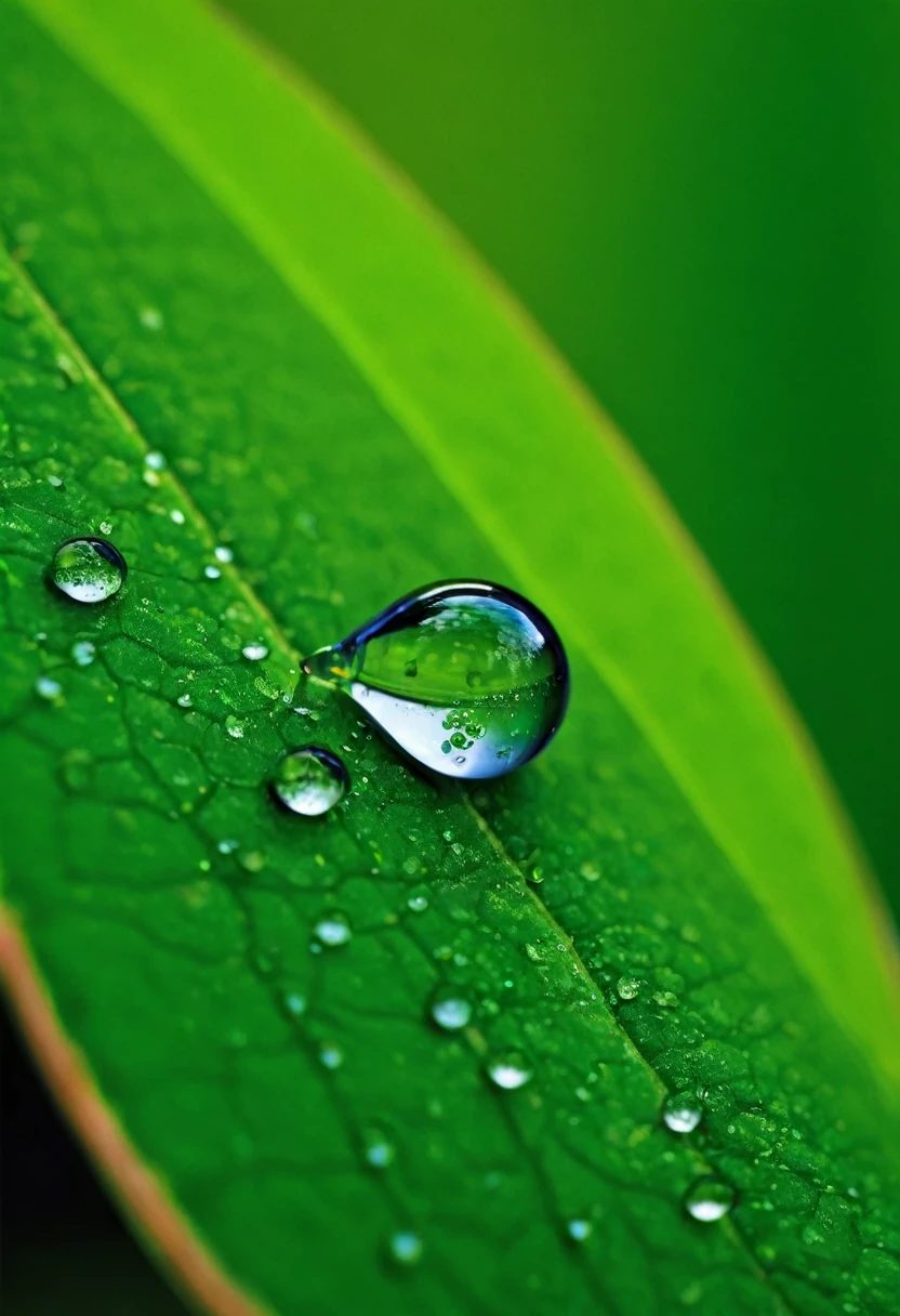 Macro shot of a waterdrop on a leaf, Canon EF 100mm f/2.8L Macro IS USM high quality photography, HDRI.