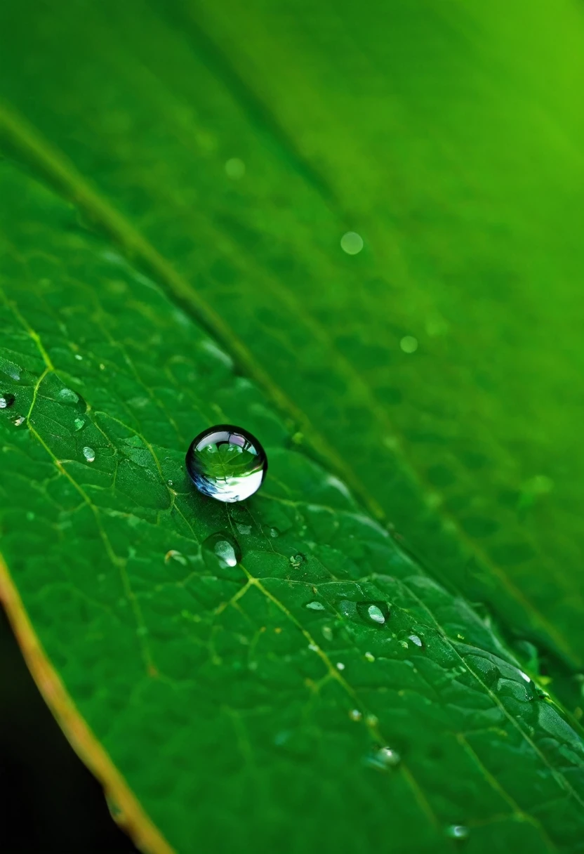 Macro shot of a waterdrop on a leaf,  Canon EF 100mm f/2.8L Macro IS USM high quality photography, HDRI.