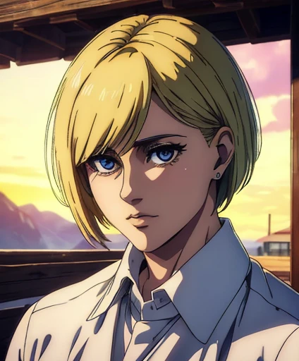 best quality,4k,8k,highres,masterpiece:1.2),ultra-detailed,(realistic,photorealistic,photo-realistic:1.37), a female character, mappa art style, detailed very small iris and  blue almond-shaped eyes with positive canthal tilt ,  his hair are short french bob cut ,  her hair color is blonde,  he looks handsome, she is fair, she is wearing  white shirt  , vibrant color, behind her a cabin