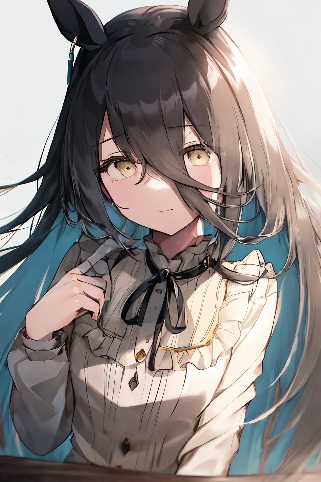 (Tabletop.Highest quality).(Dynamic Angle). (Amazingly detailed CG paintings),(Perfect Image)、Comic Strip.shape.One Girl.Detailed face、Perfect Face.Delicate face、Girl in delicate clothes、Textured skin、Black Hair.length、(Horse-eared girl)Horse-eared girl、((Beautiful yellow eyes)).Delicate and beautiful eyes、The eyes are detailed、Reflective Eyes、Watery eye、smile.(Gazing at the audience:1.3).(Face is a little red:0.8)、8k wallpaper、Cowboy Shot、reflected light、The finest details、Complex、Delicate background、Textured skin、Detailed skin、(Ultra-high resolution)、