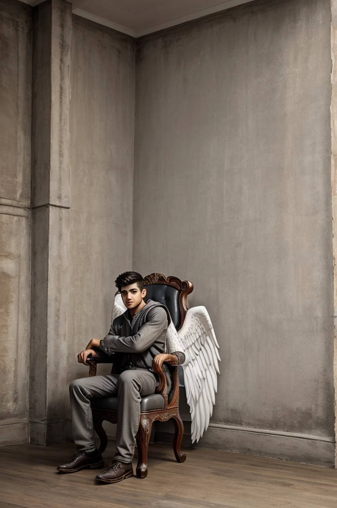 create realistic image A 19 year old boy is sitting on a king chair with white wings and behind him the color of the wall is gray on which "ROSHAN
" is written in curve style