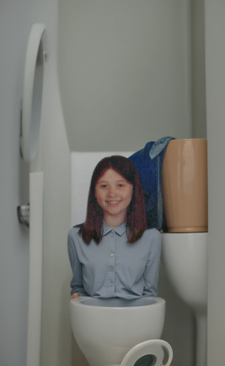 Girl with her head sticking out of a toliet bowl