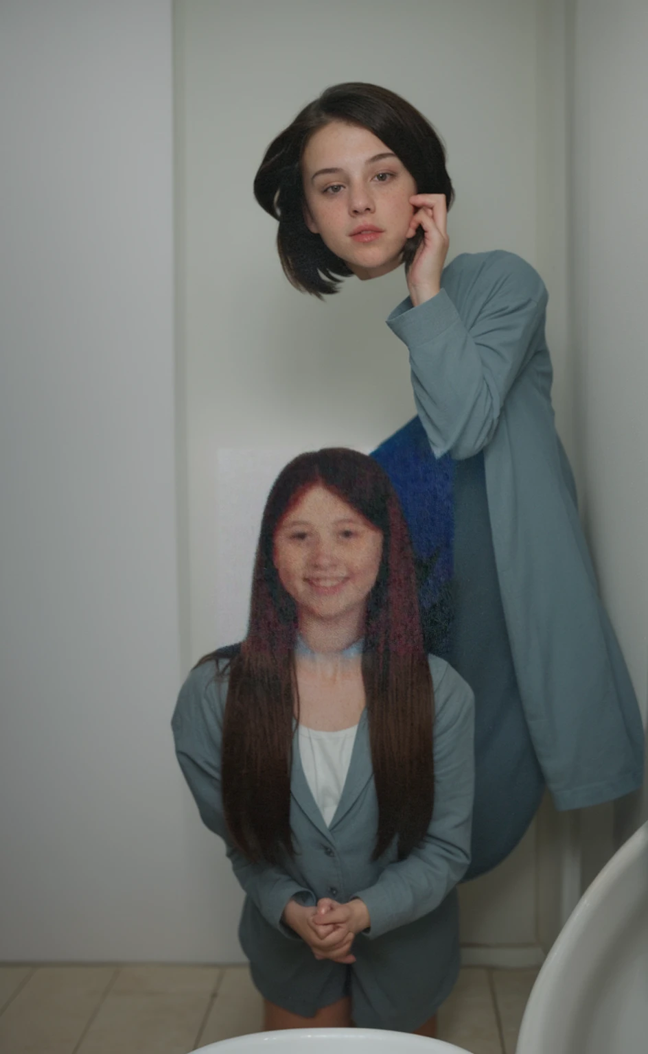 Girl with her head sticking out of a toliet bowl