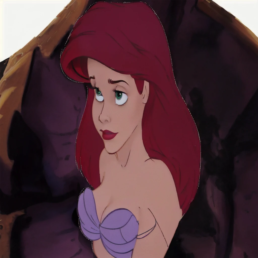 a close up of a cartoon of a woman with red hair, ariel the little mermaid, princess ariel, little mermaid, megara, the little mermaid, portrait of megara, emma watson as jessica rabbit, female disney villain, disney character, classic disney mood, ariana grande as a mermaid, disney 2d animation still, she has red hair