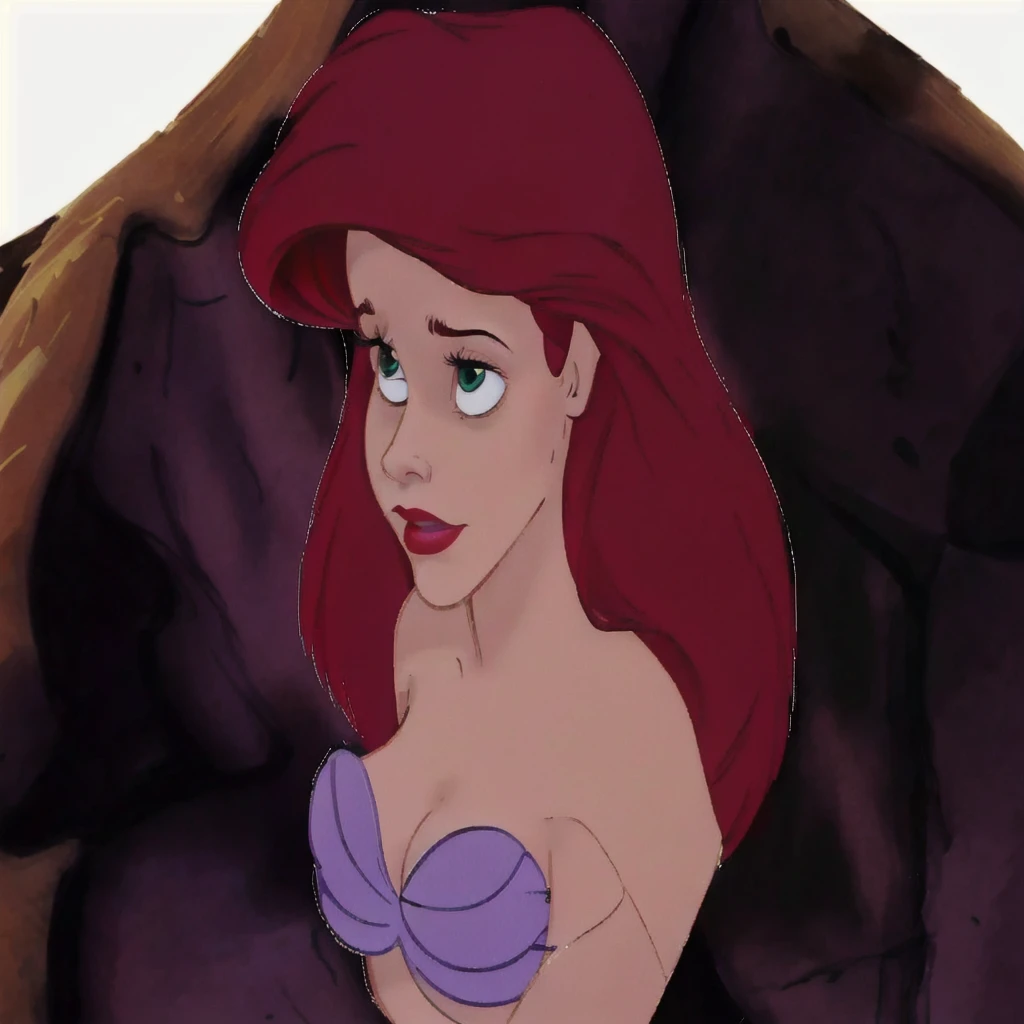 a close up of a cartoon of a woman with red hair, ariel the little mermaid, princess ariel, little mermaid, megara, the little mermaid, portrait of megara, emma watson as jessica rabbit, female disney villain, disney character, classic disney mood, ariana grande as a mermaid, disney 2d animation still, she has red hair