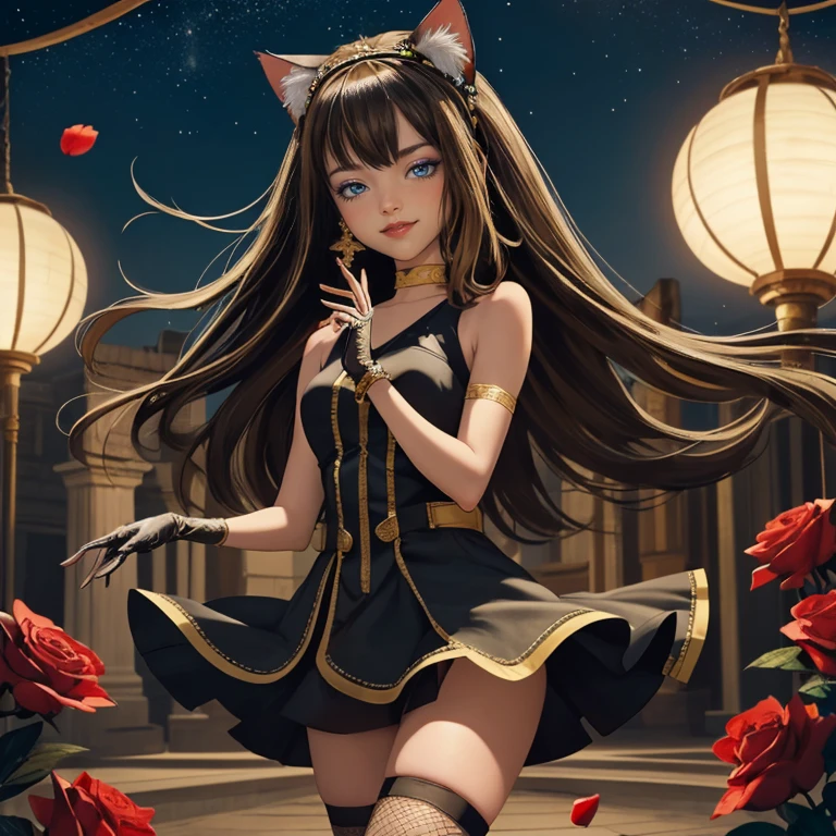 ((high quality)), ((Work of art)), (more detail), 1girl, centered, a girl with a light brown skinny, award winning upper body portrait, cowboy shot, solo, brown hair, long hair, wave hair, Egyptian aesthetic, black shirt, black skirt, blue knee boots, smiling, Egypt style, space scenery, gold lanterns, white roses, full moon,  depth of field, cinematic composition, night, white roses, smile, gothic dress, black dress, black dress with transparency, blue laces, black gloves, black high socks, blue high hills boots, gold jewelry, jewelry, space, white roses on focus, Cleo de Nilo_(monster high), Monster High, looking at the viewer, more details on the clothes, petals in the air, two arms, two legs, two hands, five fingers, space scene, 1girl, black maid dress, jewelry, brown hair, flowing hair, long hair, maid dress with a short skirt and layers, blue laces, blue boots, black dress with transparency, gold details on her clothes, cat ears, animal ears,  more details, perfectly body, perfectly hands, two hands, two legs, two arms, five fingers, glowing hair, best quality, alone, maid headdress, choker, detached sleeves, maid dress, maid black dress, strapless, masterpiece, best quality, detailed face, night, asymmetrical gloves, bangs, black short skirt , black gloves, white boots, earrings, elbow gloves, fishnet thighhighs, fish masterpiece, solo, best quality, detailed face, gloves, hair between eyes, jewelry, long hair, looking at viewer, single earring, sky, sleeveless, solo, thigh boots, thigh highs, uneven gloves, solo, alone, Looking at the viewer, More details on the clothes, white roses on her hair, space scenery, maid, maid dress, green details, white roses, maid headdress, maid apron, long hair, seat on the Saturn rings, more details on her clothes, gold details on her 