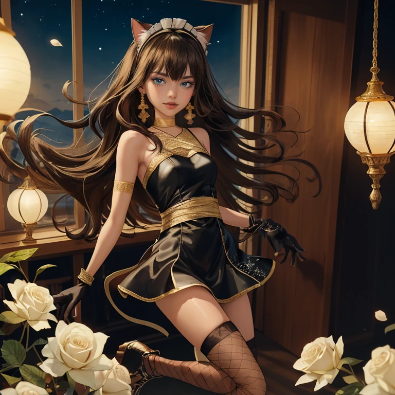 ((high quality)), ((Work of art)), (more detail), 1girl, centered, a girl with a light brown skinny, award winning upper body portrait, cowboy shot, solo, brown hair, long hair, wave hair, Egyptian aesthetic, black shirt, black skirt, blue knee boots, smiling, Egypt style, space scenery, gold lanterns, white roses, full moon,  depth of field, cinematic composition, night, white roses, smile, gothic dress, black dress, black dress with transparency, blue laces, black gloves, black high socks, blue high hills boots, gold jewelry, jewelry, space, white roses on focus, Cleo de Nilo_(monster high), Monster High, looking at the viewer, more details on the clothes, petals in the air, two arms, two legs, two hands, five fingers, space scene, 1girl, black maid dress, jewelry, brown hair, flowing hair, long hair, maid dress with a short skirt and layers, blue laces, blue boots, black dress with transparency, gold details on her clothes, cat ears, animal ears,  more details, perfectly body, perfectly hands, two hands, two legs, two arms, five fingers, glowing hair, best quality, alone, maid headdress, choker, detached sleeves, maid dress, maid black dress, strapless, masterpiece, best quality, detailed face, night, asymmetrical gloves, bangs, black short skirt , black gloves, white boots, earrings, elbow gloves, fishnet thighhighs, fish masterpiece, solo, best quality, detailed face, gloves, hair between eyes, jewelry, long hair, looking at viewer, single earring, sky, sleeveless, solo, thigh boots, thigh highs, uneven gloves, solo, alone, Looking at the viewer, More details on the clothes, white roses on her hair, space scenery, maid, maid dress, green details, white roses, maid headdress, maid apron, long hair, seat on the Saturn rings, more details on her clothes, gold details on her 