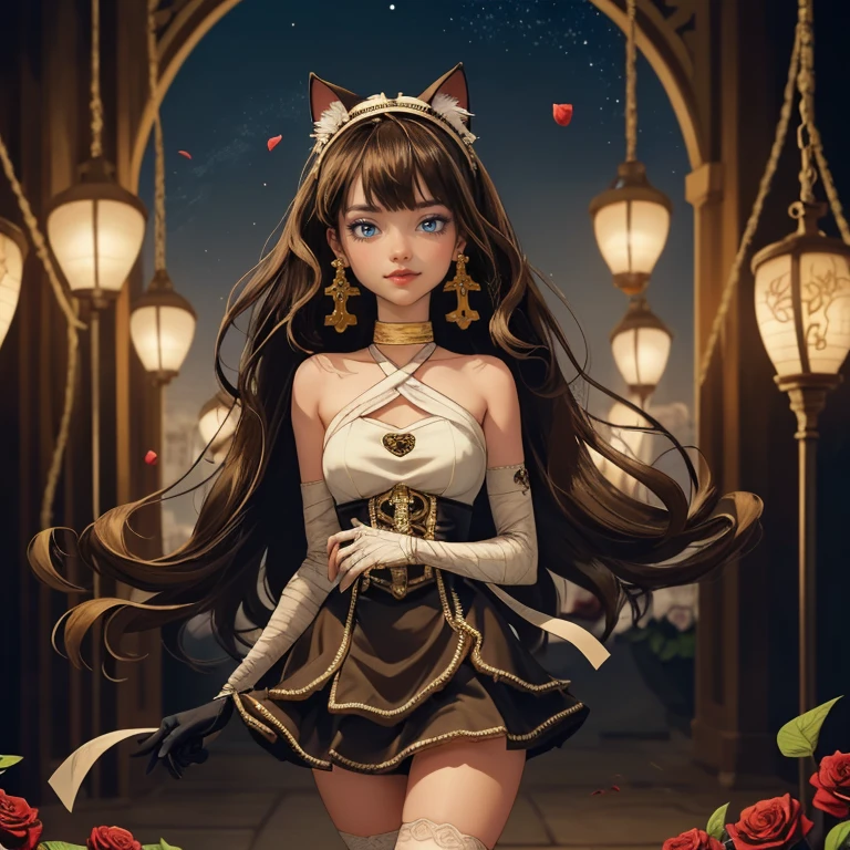 ((high quality)), ((Work of art)), (more detail), 1girl, centered, a girl with a light brown skinny, award winning upper body portrait, cowboy shot, solo, brown hair, long hair, wave hair, Egyptian aesthetic, black shirt, black skirt, blue knee boots, smiling, Egypt style, space scenery, gold lanterns, white roses, full moon,  depth of field, cinematic composition, night, white roses, smile, gothic dress, black dress, black dress with transparency, blue laces, black gloves, black high socks, blue high hills boots, gold jewelry, jewelry, space, white roses on focus, Cleo de Nilo_(monster high), Monster High, looking at the viewer, more details on the clothes, petals in the air, two arms, two legs, two hands, five fingers, space scene, 1girl, black maid dress, jewelry, brown hair, flowing hair, long hair, maid dress with a short skirt and layers, blue laces, blue boots, black dress with transparency, gold details on her clothes, cat ears, animal ears,  more details, perfectly body, perfectly hands, two hands, two legs, two arms, five fingers, glowing hair, best quality, alone, maid headdress, choker, detached sleeves, maid dress, maid black dress, strapless, masterpiece, best quality, detailed face, night, asymmetrical gloves, bangs, black short skirt , black gloves, white boots, earrings, elbow gloves, fishnet thighhighs, fish masterpiece, solo, best quality, detailed face, gloves, hair between eyes, jewelry, long hair, looking at viewer, single earring, sky, sleeveless, solo, thigh boots, thigh highs, uneven gloves, solo, alone, Looking at the viewer, More details on the clothes, white roses on her hair, space scenery, maid, maid dress, green details, white roses, maid headdress, maid apron, long hair, seat on the Saturn rings, more details on her clothes, gold details on her 