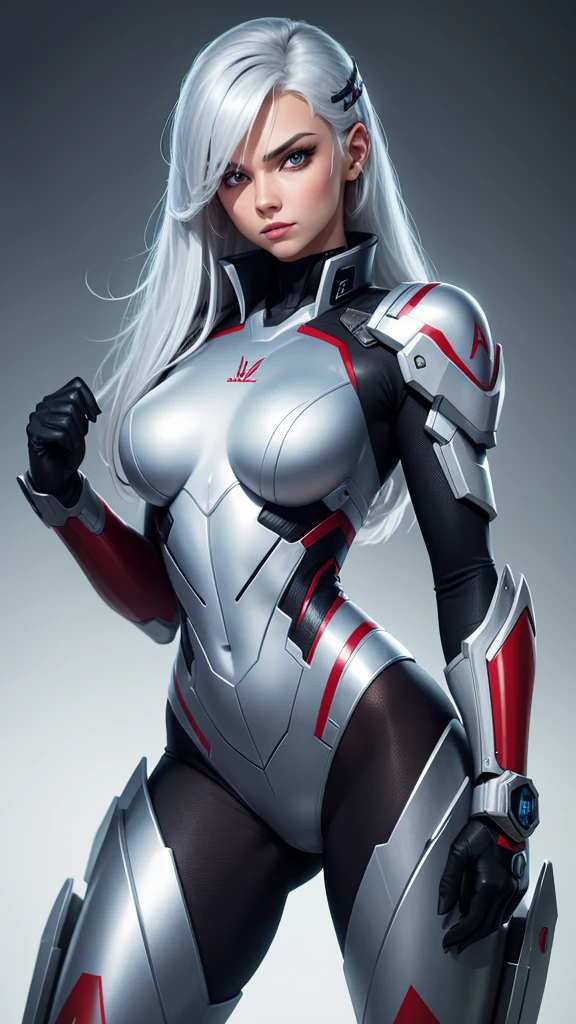 Megatron human woman in military outfit with silver hair and red eye
