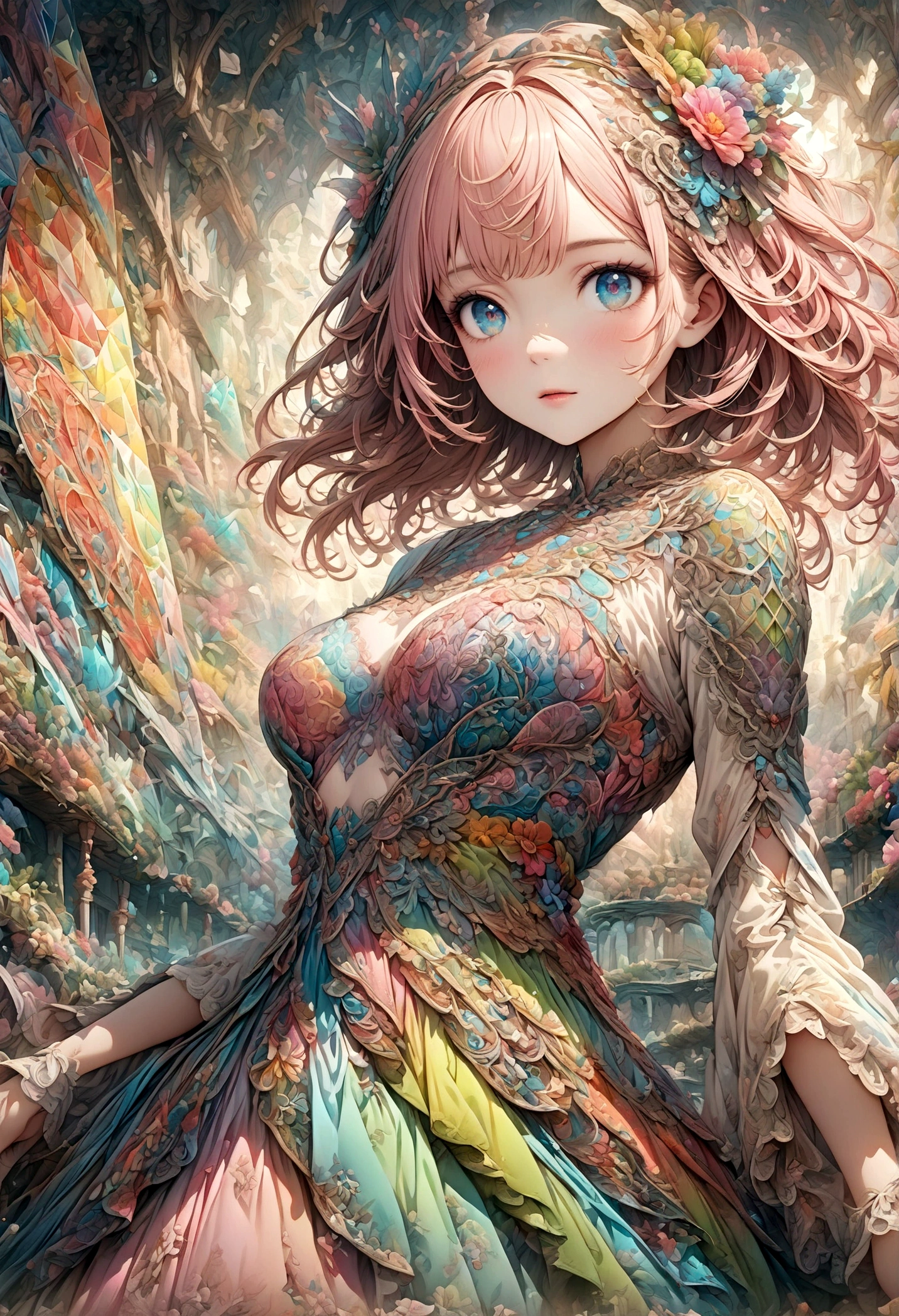 A delicate anime-style illustration of a girl with pink hair and large, expressive eyes. She is wearing a detailed, colorful dress with intricate patterns. The background features abstract, geometric shapes in soft pastel colors, creating a modern and artistic look. Her hands are gracefully positioned in front of her. kimono,Japanese style,Japanese Pattern,artwork,Zentangle,Fractal Art,Unbelievably absurd,draw in detail,Decadent,Adding Ogata Korin elements to the background,rendering,(masterpiece:1.3),(highest quality:1.4),(Super detailed:1.5),High resolution,Very detailed,unity 8k wallpaper,pop