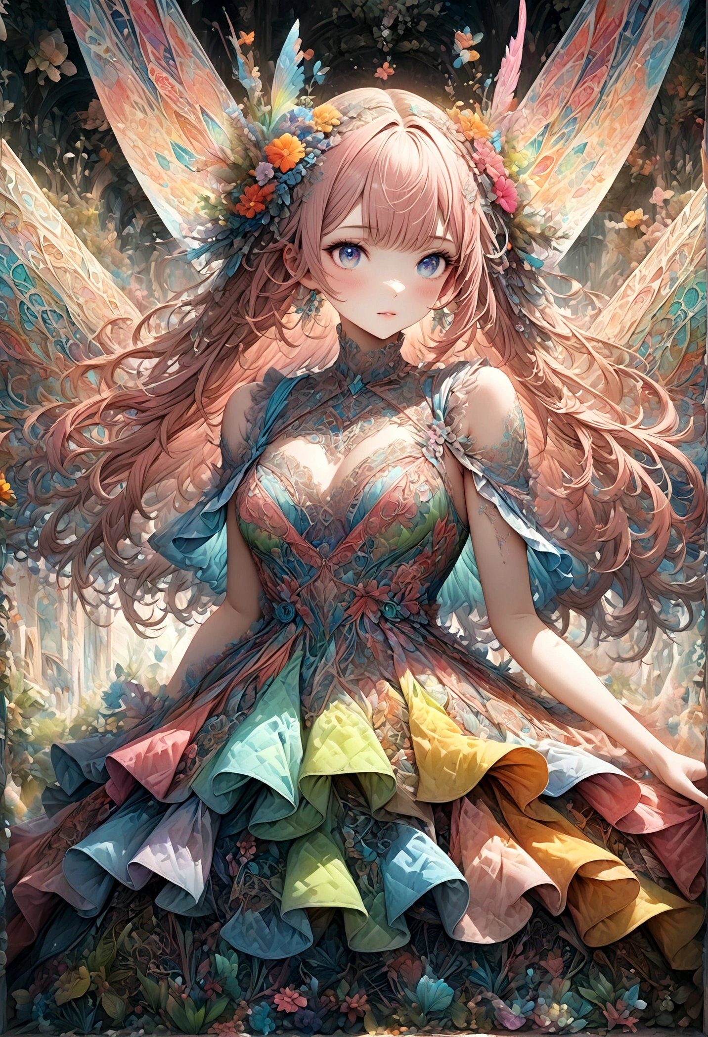 A delicate anime-style illustration of a girl with pink hair and large, expressive eyes. She is wearing a detailed, colorful dress with intricate patterns. The background features abstract, geometric shapes in soft pastel colors, creating a modern and artistic look. Her hands are gracefully positioned in front of her. kimono,Japanese style,Japanese Pattern,artwork,Zentangle,Fractal Art,Unbelievably absurd,draw in detail,Decadent,Adding Ogata Korin elements to the background,rendering,(masterpiece:1.3),(highest quality:1.4),(Super detailed:1.5),High resolution,Very detailed,unity 8k wallpaper,pop