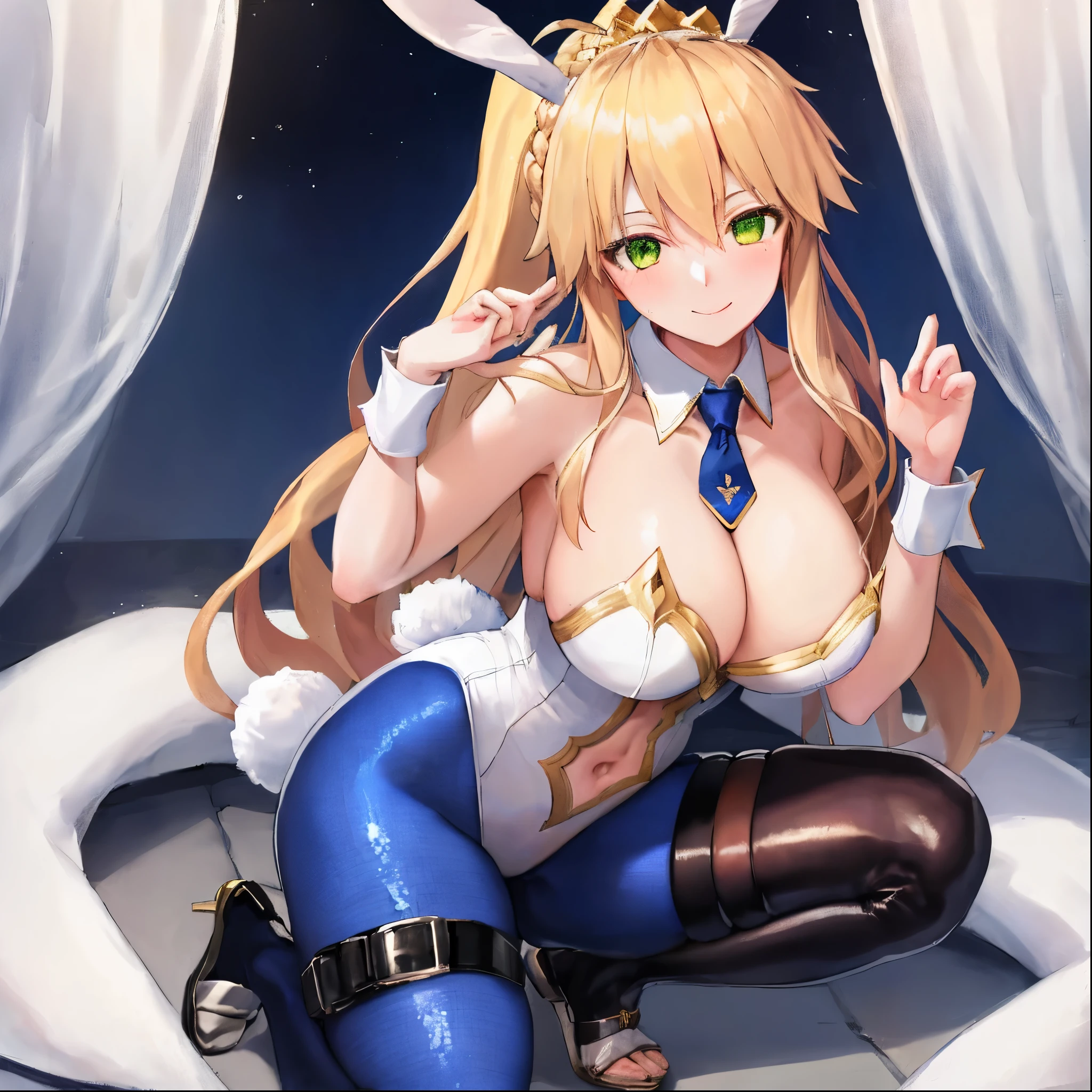 masterpiece, best quality, absurdres, soft lighting, looking at viewer, solo, light_smile, shy,
1girl, ahoge, rabbit ears, playboy bunny, artoria pendragon \(swimsuit ruler\) \(fate\), large breasts , blonde hair, green eyes, french braid,  pony tail
bare shoulders, large breasts , cleavage,
clothing cut out, wrist cuffs, detached collar, navel cutout, feather boa,
white leotard, blue necktie, blue pantyhose, single thigh strap, hands_on_head,put_hands_up,
squat,gorgeous_background,solo,rabbit_posing,large_thighs,Extend_fingers,palm,open_legs,.solo,fountain,