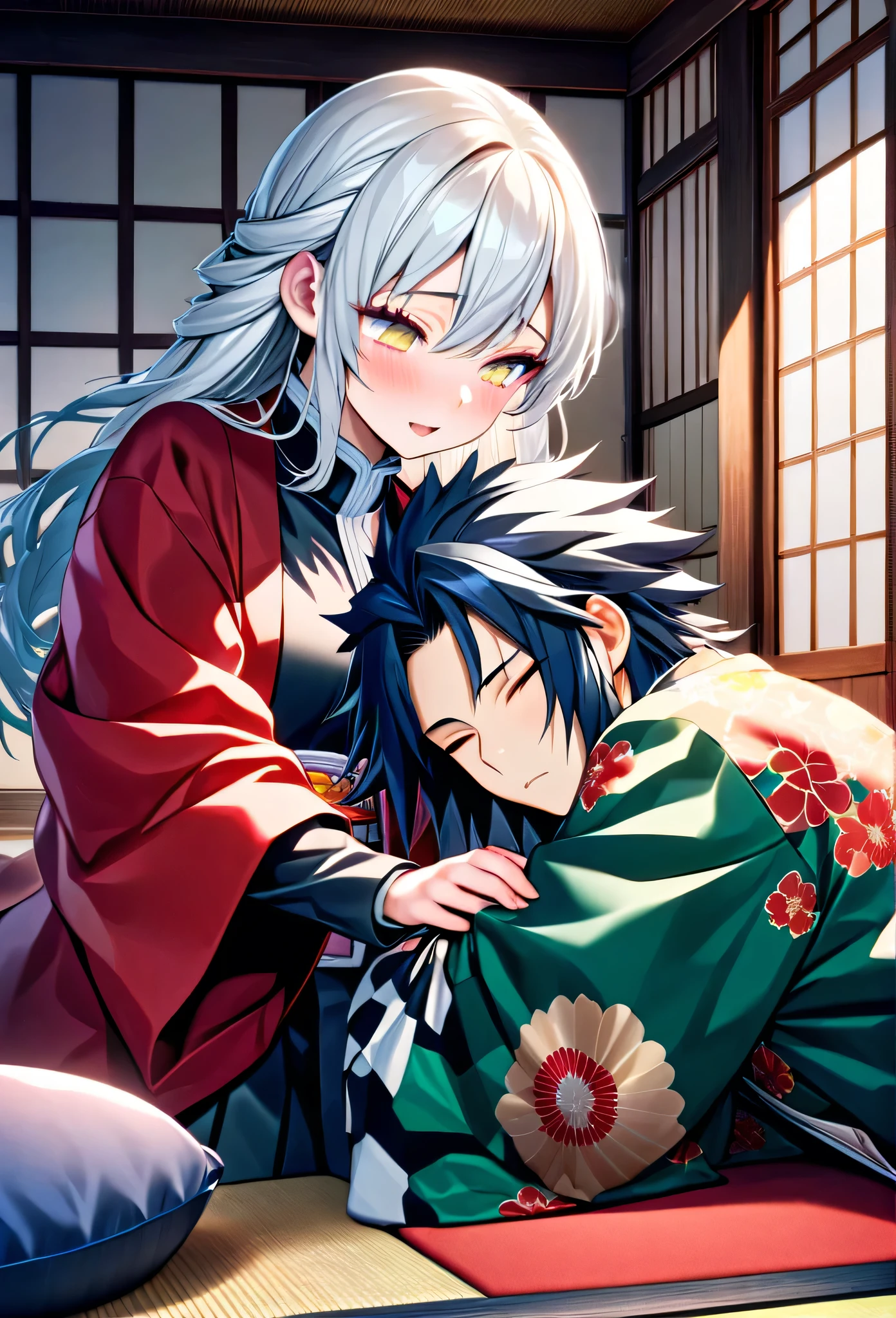Ultra detailed, high resolution, absurd, HDR, masterpiece, anime girl and boy, beautiful woman (with long white hair with deep red streaks, girl (with yellow eyes), the girl (is wearing a red haori), uniform demon slayer black, Kimetsu No Yaiba, fantasy, handsome, Tomioka Giyu, Hashira, Tomioka is a gentle hug, couple, romantic, inside a Japanese house, best quality, extremely detailed face, love, romance, anime, the girl is lying with her head on Tomioka's sholder, she is tired but happy, he is watching her sleeping, Tomioka is a strong man