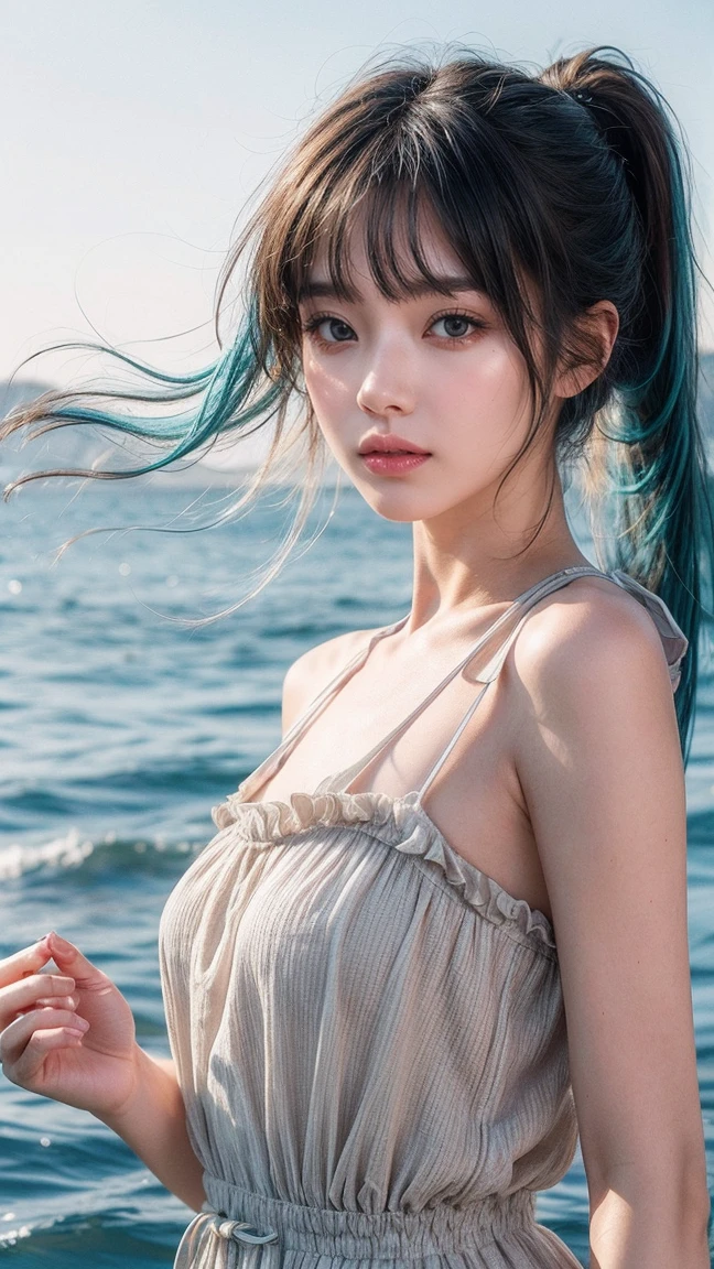 (masterpiece), (best quality), (Extremely detailed),(Messy hair),(illustration), (1 Girl), (Fashion), permanent, fashion model, Looking at the audience, (interview), (Simple background),Beautiful and delicate eyes, Delicate and beautiful face, floating,(High Saturation),(Colorful splash),Colored bubbles,(shining), Focus on the face, Ponytail, Kamisato Ayaka, Light blue hair, Bangs, Hair ring, Floating flowers, Floating hair, (shining), Optimal lighting, The best shadow,