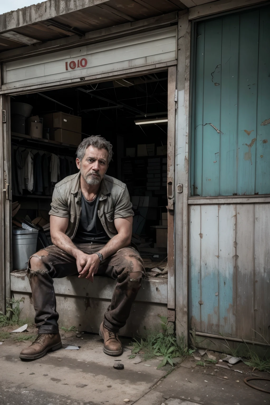 naughty man (realistic and human) sitting with disappointment expression, behind an old store with an abandoned appearance (rust, old products) and which has been surpassed by the technology that is in front of you, a store with artificial intelligence, the image must have a cinematic appearance, with sharpness and texture and with 8k resolution and dimension 1080x1350 px