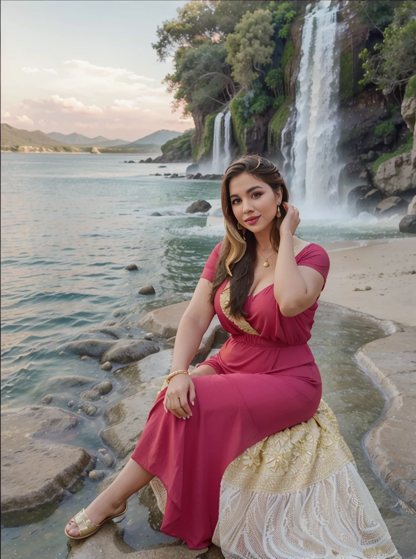 Arab dress,yellow dress,short dress (white), crocodile near the mountain,water near the grass, waterfall nearby,light green,bright flowers,red sky, wearing suit (white),lips (pink) Escasamente vestido,qbeautiful face Hermosa big hips shine in the sky,oval curves sonrisa seductora Retrato Gabriella Lin Rojo red-orange dress