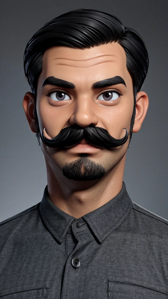 make a 3D realistic cartoon caricature of the whole body, Indonesian man aged 35 years, medium fat, round face shape, thin eyebrows, normal eyes, big tip nose, thick lips, ((thin moustache)). Wear a uniform, plain gray shirt with black collar, black trousers, black shoes. facing front with studio lighting. 3D,UHD,best quality,masterpiece