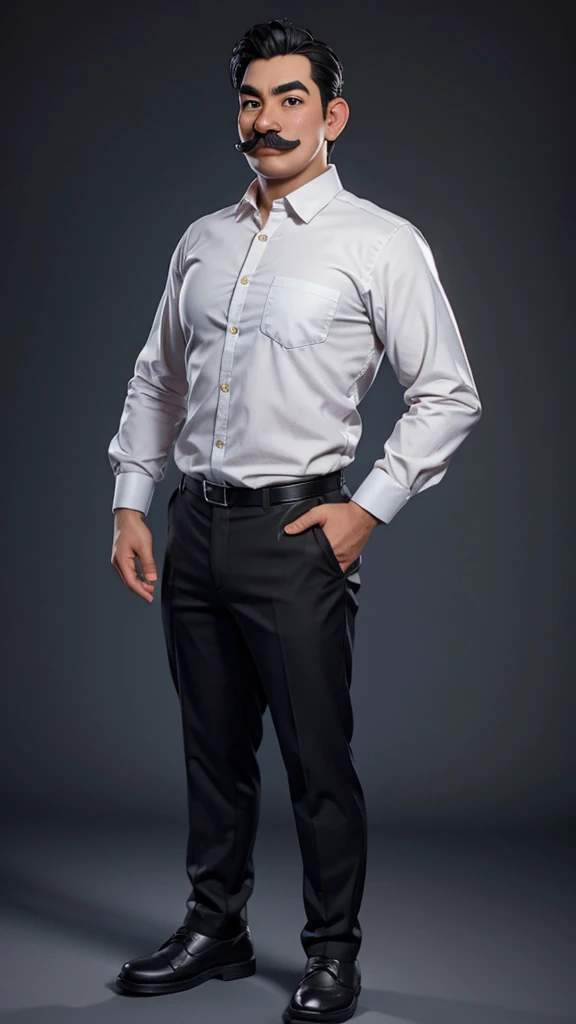 make a 3D realistic cartoon caricature of the whole body, Indonesian man aged 35 years, medium fat, round face shape, thin eyebrows, normal eyes, big tip nose, thick lips, ((thin moustache)). Wear a uniform, plain gray shirt with black collar, black trousers, black shoes. facing front with studio lighting. 3D,UHD,best quality,masterpiece