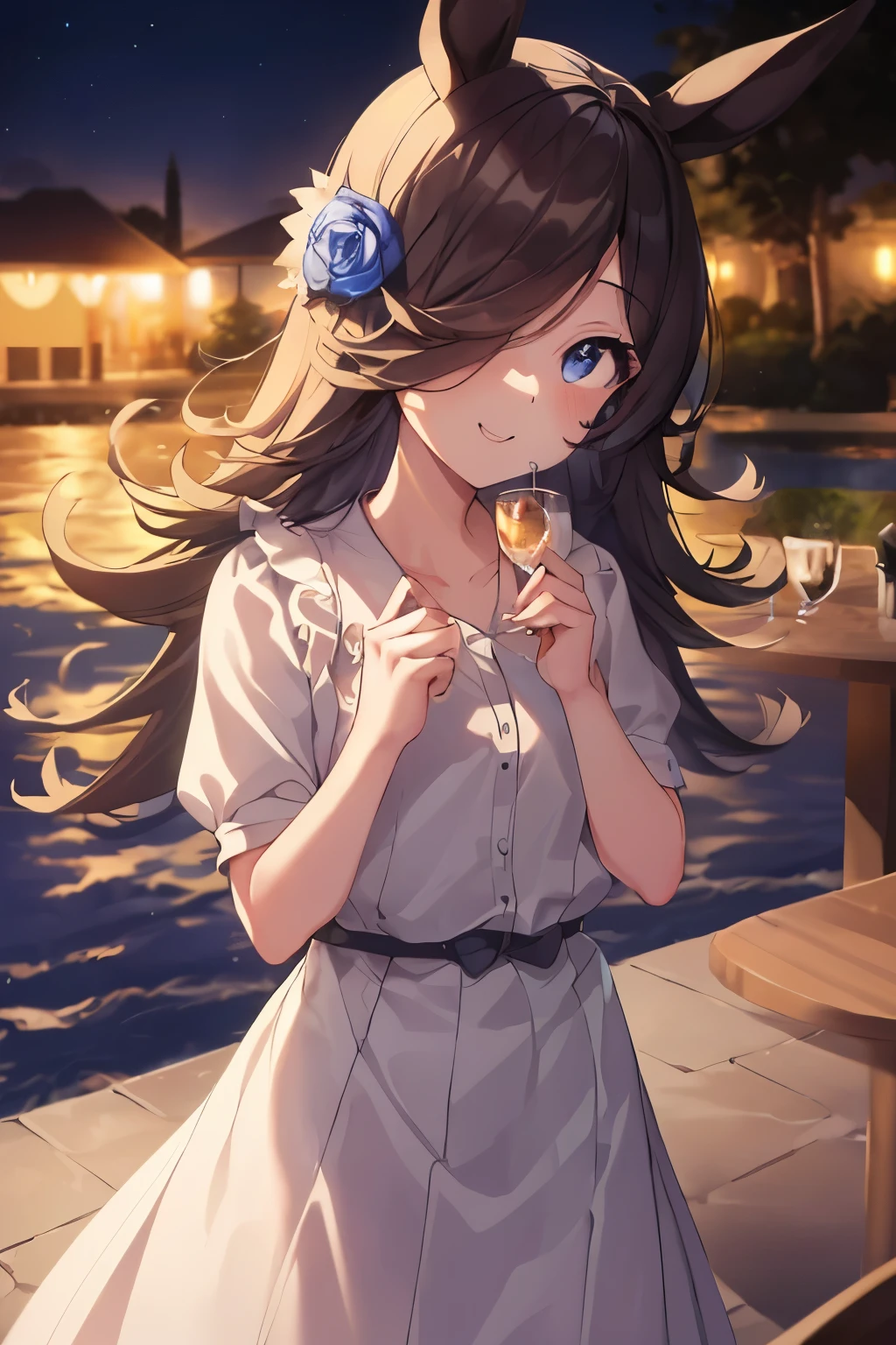 (Tabletop.Highest quality).(Dynamic Angle). (CG paintings with attention to detail),(Perfect Image)、Comic Strip.shape.1 Girl.Detailed face、Perfect Face.Delicate face、Cute and delicate girl in a white shirt、Rough skin、Black Hair.length、(Umamimi Girl)Umamimi Girl、((Beautiful Blue Eyes)).繊細でBeautiful Eyes、Beautiful Eyes、Reflected Eyes、smile.(Looking at the audience:1.3).(Face is a little red:0.8)、8k wallpaper、Cowboy Shot、reflected light、Most detailed、Complex、((With a delicate sea as a background、Night Sky、season summer))、Rough skin、Fine skin、(Super Resolution)、((Cute girl in white shirt))、((Beautiful sea))