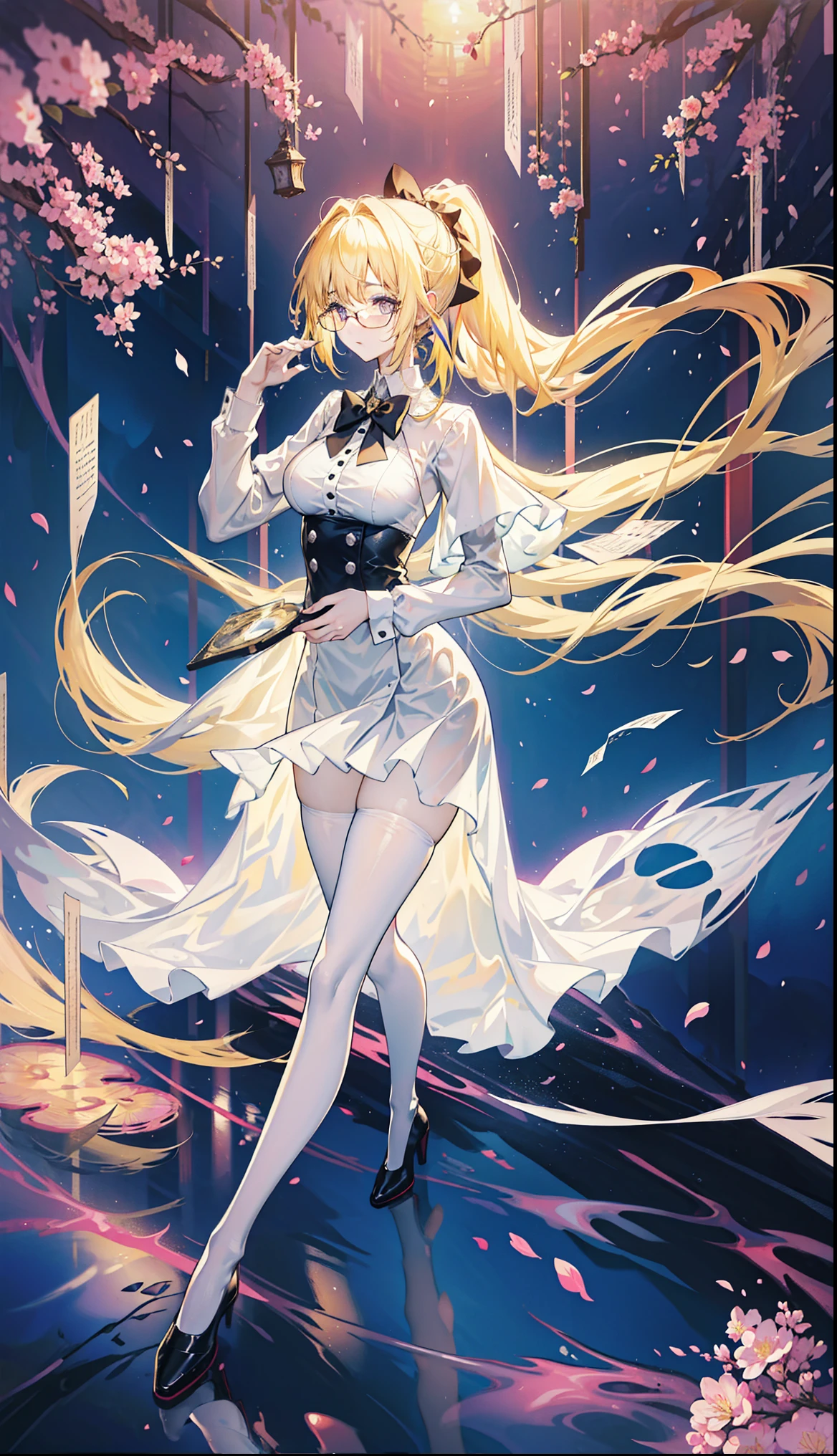 Young and beautiful Kathryn Newton, Glasses, White dress shirt, great neckline, Black Mini Dress, Dark pantyhose, High balance, Surreal, 14 years old, Model figure, Large Breasts, Beautiful breasts, Big Ass, Long hair, Ponytail, Blonde hair, Long legs, 8K, Cherry blossoms, sunrise, Detailed reflection, Anime style, sad