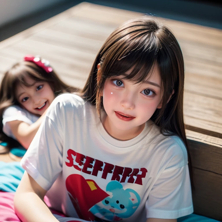 Bright Red in White, (Masterpiece 8K TopQuality:1.2) (ProfessionalPhoto:1.37) PUNIPUNI ExtremelyDetailed (((KAWAII girl lying in "Super Bitch" T-shirt:1.4))) from above