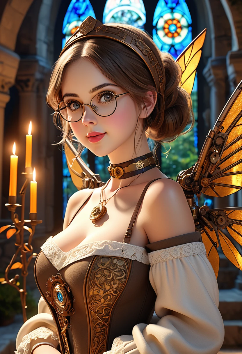 masterpiece, best quality, highly detailed, 1girl, solo, twintails, off-shoulder sweater, choker, large glasses, gold locket, jacket, hairband, looking at viewer, smile, blush, Wide Smile, Eyes Detailed & Wide, sexy Pose. Ultra HD, Rococo-Inspired Fantasy Art With Intricate Details. Cute, Charming Expression, Alluring-Gaze, looking at viewer Beautiful Eyes, An-Ideal-Figure. Large Youthful Well-Shaped-Breasts, Massive-Round-Bosom, Décolletage. slim waist, fit body, full lipsWarm lights , woman in a dreamy forest at night, with fluffy hair, delicate face, realistic, real, slim, large aperture, sexy shots, attractive poses,Stunnin gly beautiful merge of Scarlett Johanson. Alison Brie, Selena Gomez. symmetrical face, photorealistic, photography, path tracing, specular lighting, volumetric face light, path traced hairmaximum quality{(masutepiece) (8K High Resolution) (top-quality) In the style of breath of the wild.medieval monastery garden,steampunk robot monk,beautiful ornate architecture,steampunk machinery and gears,exquisite stained glass windows,enchanted flower garden,ancient stone walkway with intricate carvings,glowing candles and dimly lit atmosphere,steam and smoke billowing from the machinery,mystical atmosphere,peaceful and serene setting,mechanical wings attached to the robot monk's back,robot monk with intricate clockwork mechanisms,electromechanical eyes glowing with energy,warm golden color palette,gentle sunlight streaming through the stained glass windows,whispering sound of wind and rustling leaves,the scent of aged books and incense,notes of ancient Gregorian chants echoing in the air,sense of awe and tranquility,combination of futuristic and medieval elements,harmony of technology and spirituality.