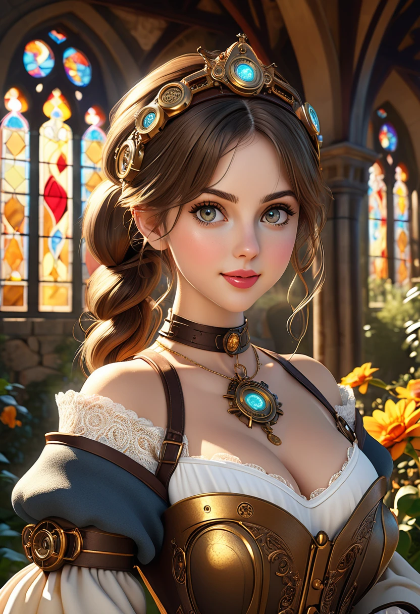 masterpiece, best quality, highly detailed, 1girl, solo, twintails, off-shoulder sweater, choker, large glasses, gold locket, jacket, hairband, looking at viewer, smile, blush, Wide Smile, Eyes Detailed & Wide, sexy Pose. Ultra HD, Rococo-Inspired Fantasy Art With Intricate Details. Cute, Charming Expression, Alluring-Gaze, looking at viewer Beautiful Eyes, An-Ideal-Figure. Large Youthful Well-Shaped-Breasts, Massive-Round-Bosom, Décolletage. slim waist, fit body, full lipsWarm lights , woman in a dreamy forest at night, with fluffy hair, delicate face, realistic, real, slim, large aperture, sexy shots, attractive poses,Stunnin gly beautiful merge of Scarlett Johanson. Alison Brie, Selena Gomez. symmetrical face, photorealistic, photography, path tracing, specular lighting, volumetric face light, path traced hairmaximum quality{(masutepiece) (8K High Resolution) (top-quality) In the style of breath of the wild.medieval monastery garden,steampunk robot monk,beautiful ornate architecture,steampunk machinery and gears,exquisite stained glass windows,enchanted flower garden,ancient stone walkway with intricate carvings,glowing candles and dimly lit atmosphere,steam and smoke billowing from the machinery,mystical atmosphere,peaceful and serene setting,mechanical wings attached to the robot monk's back,robot monk with intricate clockwork mechanisms,electromechanical eyes glowing with energy,warm golden color palette,gentle sunlight streaming through the stained glass windows,whispering sound of wind and rustling leaves,the scent of aged books and incense,notes of ancient Gregorian chants echoing in the air,sense of awe and tranquility,combination of futuristic and medieval elements,harmony of technology and spirituality.