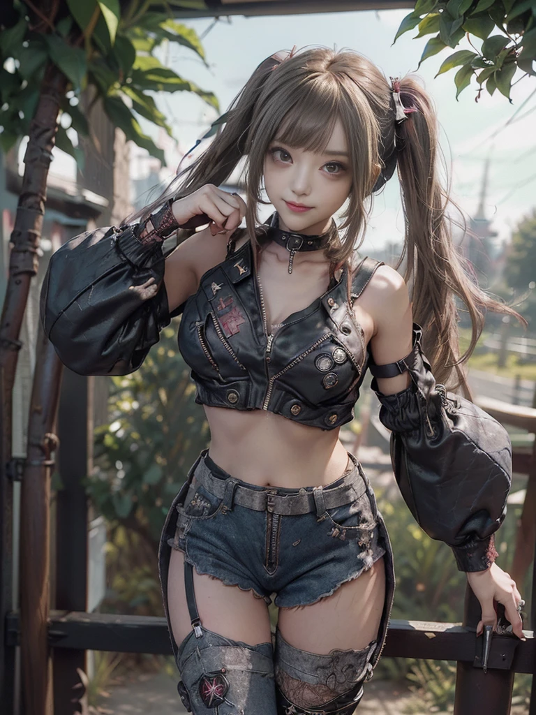 (Full body:1.4)、(Full Body View:1.4)、(Side view:1.1)、(Smiling with teeth showing:1.3),(Shibuya Gal:1.5)、(Beautiful:1.5)、(Punk RockVisual Kei:1.4)、(Burgundy denim with khaki and brown medieval tattered zip up:1.5)、(Wine red arm covers and tattered bugle pants:1.5)、(Wine red high heels:1.3)、(Wearing silver accessories:1.5)、(Dark brown collar:1.4)、(Leather garter belt:1.4)、(Red skin belt:1.3)、(Red lace underwear:1.5)、20-year-old、NSFW、((Highest quality、In 8K、masterpiece:1.3))、Sharp focus:1.2、(Layered Cut、Huge boobs:1.1),Beautiful woman with perfect figure:1.4、(Doing an aerobics pose:1.3)、Slender Abs:1.2、Highly detailed face and skin texture、Detailed eyes、double eyelid,(Twin tails:1.3)、(Brown-golden hair:1.3)、Gravure idol、(A fairytale-like cafe with a lush tree background:1.3)、(Slim body:1.3),(Make your legs thinner:1.4),(Thin, thin thighs:1.3)、（clavicle:1.1）