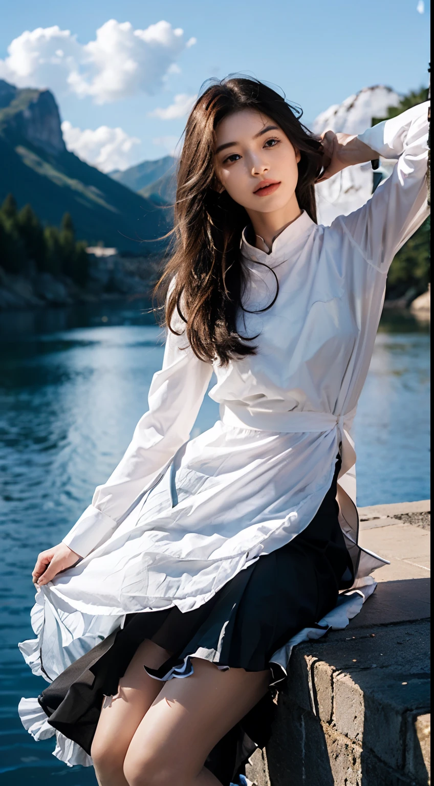 a beautiful young Persian woman standing atop a majestic mountain, She is wearing a white transparent top，The bright red skirt flutters in the wind. Look closely at the details of her facial features.:

Face: Render her face with a delicate and alluring expression, Highlighting her youthful beauty.Eye: 让她的Eye闪耀迷人的光芒, Perhaps reflecting the reverence for the natural environment.ear: 突出她精致的ear, Barely visible under the flowing long hair.jaw: with a soft, graceful contour.nose: 用微妙的精致来塑造她的nose, Enhance her overall facial. Large Breasts: Showing off her figure with elegance, showcasing a natural and graceful curvature.Hips: 强调她的Hips, enhancing her femininity and grace.leg: Paint her legs with a sense of strength and poise, The wind blew harder.Hands: Detail her graceful hands, 也许轻轻地抚摸她的上衣或hair.hair: Creating Flow, wind-swept hair that frames her face and adds to the sense of movement and beauty in the scene. 丰满曲线的Hips . 大leg粗壮 .

The setting should be a breathtaking mountain landscape with sweeping vistas, and the wind should play a central role in the composition, gently tousling her hair and clothing. The painting should evoke a sense of natural beauty, grace, and 