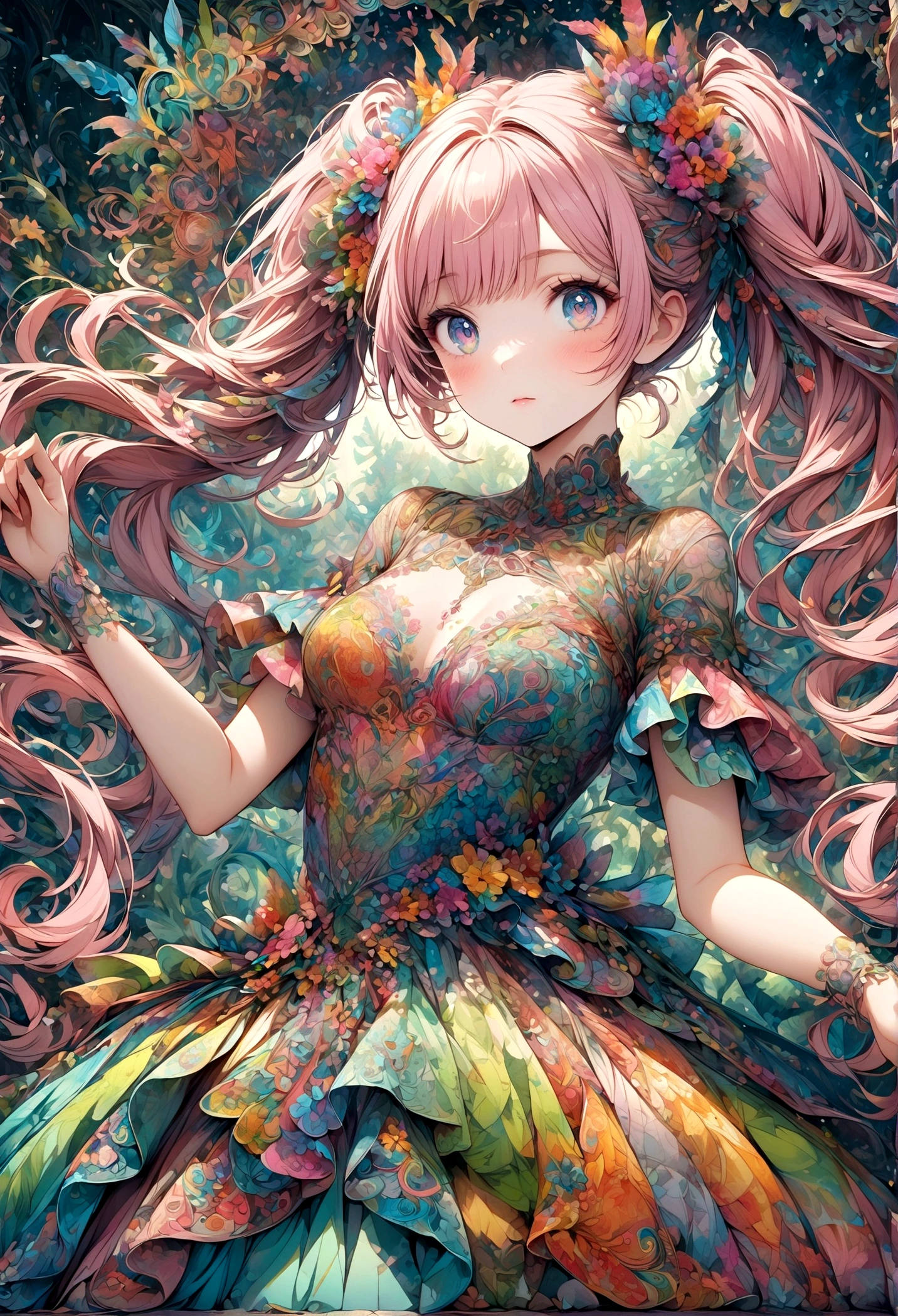A delicate anime-style illustration of a girl with pink hair and large, expressive eyes. She is wearing a detailed, colorful dress with intricate patterns. The background features abstract, geometric shapes in soft pastel colors, creating a modern and artistic look. Her hands are gracefully positioned in front of her. artwork,Zentangle,Fractal Art,Unbelievably absurd,draw in detail,Decadent,Twin tails