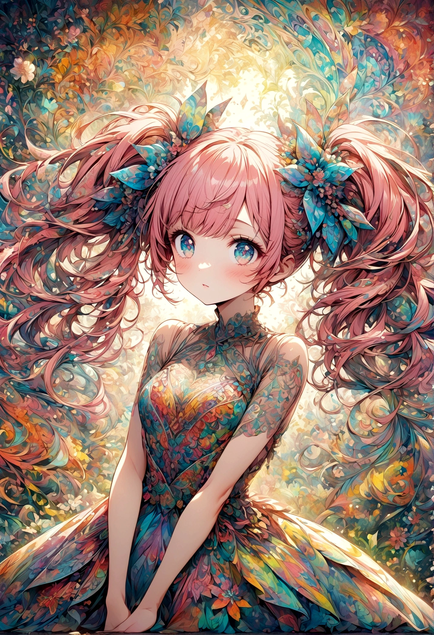 A delicate anime-style illustration of a girl with pink hair and large, expressive eyes. She is wearing a detailed, colorful dress with intricate patterns. The background features abstract, geometric shapes in soft pastel colors, creating a modern and artistic look. Her hands are gracefully positioned in front of her. artwork,Zentangle,Fractal Art,Unbelievably absurd,draw in detail,Decadent,Twin tails