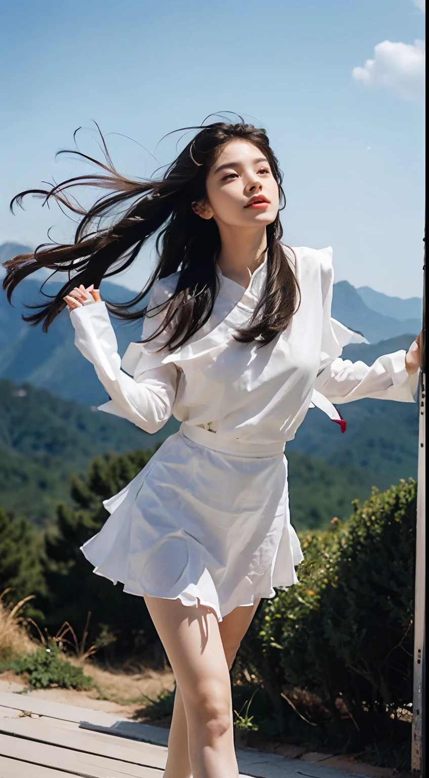 a beautiful young Persian woman standing atop a majestic mountain, She is wearing a white transparent top,The bright red skirt flutters in the wind. Look closely at the details of her facial features.:
Face: Render her face with a delicate and alluring expression, Highlighting her youthful beauty.Eye: 让她的Eye闪耀迷人的光芒, Perhaps reflecting the reverence for the natural environment.ear: 突出她精致的ear, Barely visible under the flowing long hair.jaw: with a soft, graceful contour.nose: 用微妙的精致来塑造她的nose, Enhance her overall facial. Large Breasts: Showing off her figure with elegance, showcasing a natural and graceful curvature.Hips: 强调她的Hips, enhancing her femininity and grace.leg: Paint her legs with a sense of strength and poise, The wind blew harder.Hands: Detail her graceful hands, 也许轻轻地抚摸她的上衣或hair.hair: Creating Flow, wind-swept hair that frames her face and adds to the sense of movement and beauty in the scene. 丰满曲线的Hips . 大leg粗壮 .
The setting should be a breathtaking mountain landscape with sweeping vistas, and the wind should play a central role in the composition, gently tousling her hair and clothing. The painting should evoke a sense of natural beauty, grace, and