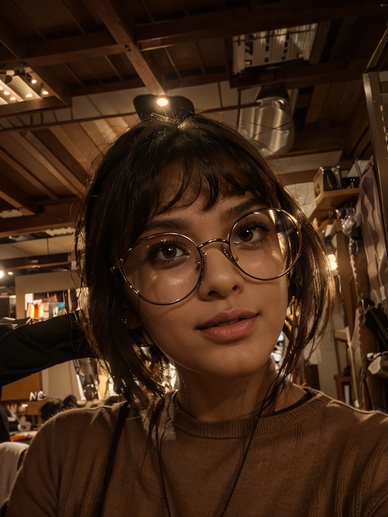 Young indian woman with light brown skin, dark round glasses, a round face, and a small mouth wearing a black sweater.