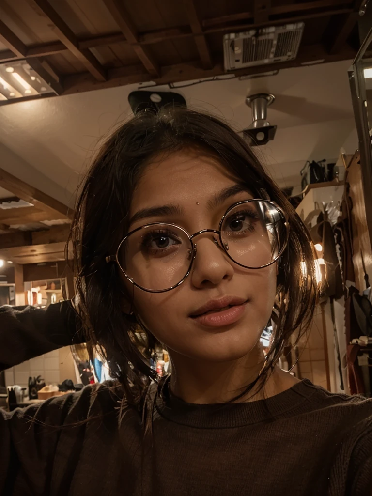 Young indian woman with light brown skin, dark round glasses, a round face, and a small mouth wearing a black sweater.