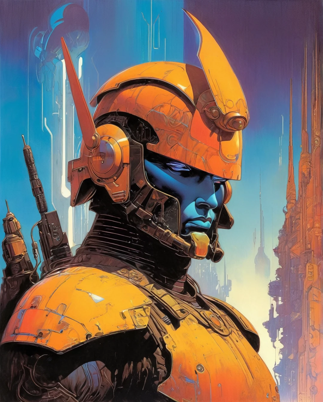 In a dystopian cyberpunk future, a mesmerizing propaganda poster beckons viewers to enlist in the military. Combining the gritty art style of Frank Frazetta with the futuristic flair of Moebius, the image features a cybernetically enhanced soldier, clad in sleek, reflective armor and wielding cutting-edge weapons. The intricate detailing, vivid colors, and dynamic composition elevate this digital painting to a level of unparalleled artistry, capturing the essence of a war-torn, technologically advanced world with stunning precision.., (head and shoulders portrait:1.2), anthropomorphic (cyberpunk:1.3) cyclops , glowing eyes, powered cyberpunk costume (outline sketch style:1.5), gritty fantasy, (art by Syd Mead:1.8), dark muted background, muted colors, detailed, 8k...... (best quality,4k,8k,highres,masterpiece:1.2),ultra-detailed,(realistic,photorealistic,photo-realistic:1.37),alternative reality,telepathic,psychic powers,mind reading,third eye,mind bending,intense gazing,parallel universe,Yoshitaka Amano style,dreamlike,fantasy,vivid colors,soft lighting