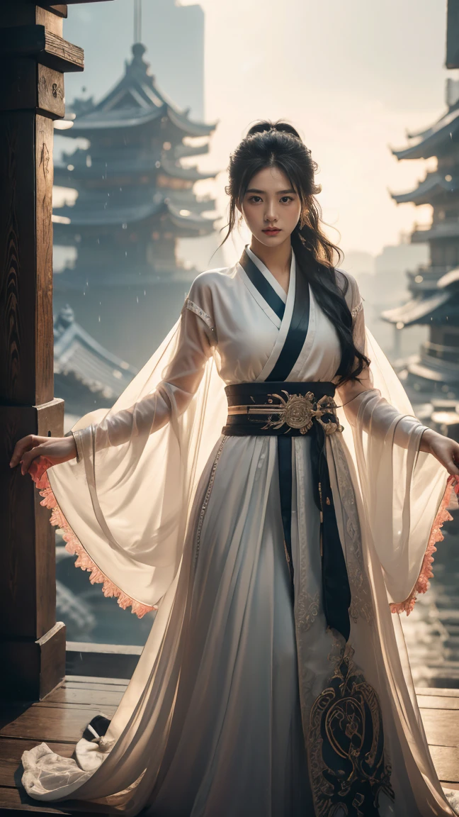 Full Body shot:1.2 1 girls,the most beautiful, Sweet, elegant ,full Body ,Small Breasts ,Rainy day in the background.,cityscape,1 female, beautiful girl, pretty face, Female Samurai, Supermodel, shiny bracelet, beautiful hanfu (Red, transparent),cape, alone, {Beautiful and delicate eyes}, Calm expression, Natural and soft Light, delicate face, a lot of small earringodel pose)), Glamor Body type, (Black neon hair:1.2), Nest, Long-term ponytail, a lot of_Long-term_hair, hair past hip, curly hair, Film particles, Real Hand, masterpiece, best quality, actual, มีรายละเอียดa lot of, Exquisite details, High resolution, Perfect dynamic composition, Beautifully detailed eyes, Smiling eyes, ((Nervous and shy)), sharp focus, full_Body, Sexy pose, cowboy_shoot, samurai girl, 發Light的額頭, Light,