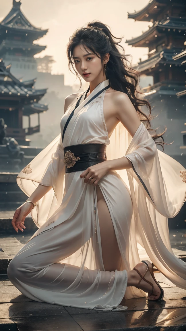 Full Body shot:1.2 1 girls,the most beautiful, Sweet, elegant ,full Body ,Small Breasts ,Rainy day in the background.,cityscape,1 female, beautiful girl, pretty face, Female Samurai, Supermodel, shiny bracelet, beautiful hanfu (Red, transparent),cape, alone, {Beautiful and delicate eyes}, Calm expression, Natural and soft Light, delicate face, a lot of small earringodel pose)), Glamor Body type, (Black neon hair:1.2), Nest, Long-term ponytail, a lot of_Long-term_hair, hair past hip, curly hair, Film particles, Real Hand, masterpiece, best quality, actual, มีรายละเอียดa lot of, Exquisite details, High resolution, Perfect dynamic composition, Beautifully detailed eyes, Smiling eyes, ((Nervous and shy)), sharp focus, full_Body, Sexy pose, cowboy_shoot, samurai girl, 發Light的額頭, Light,