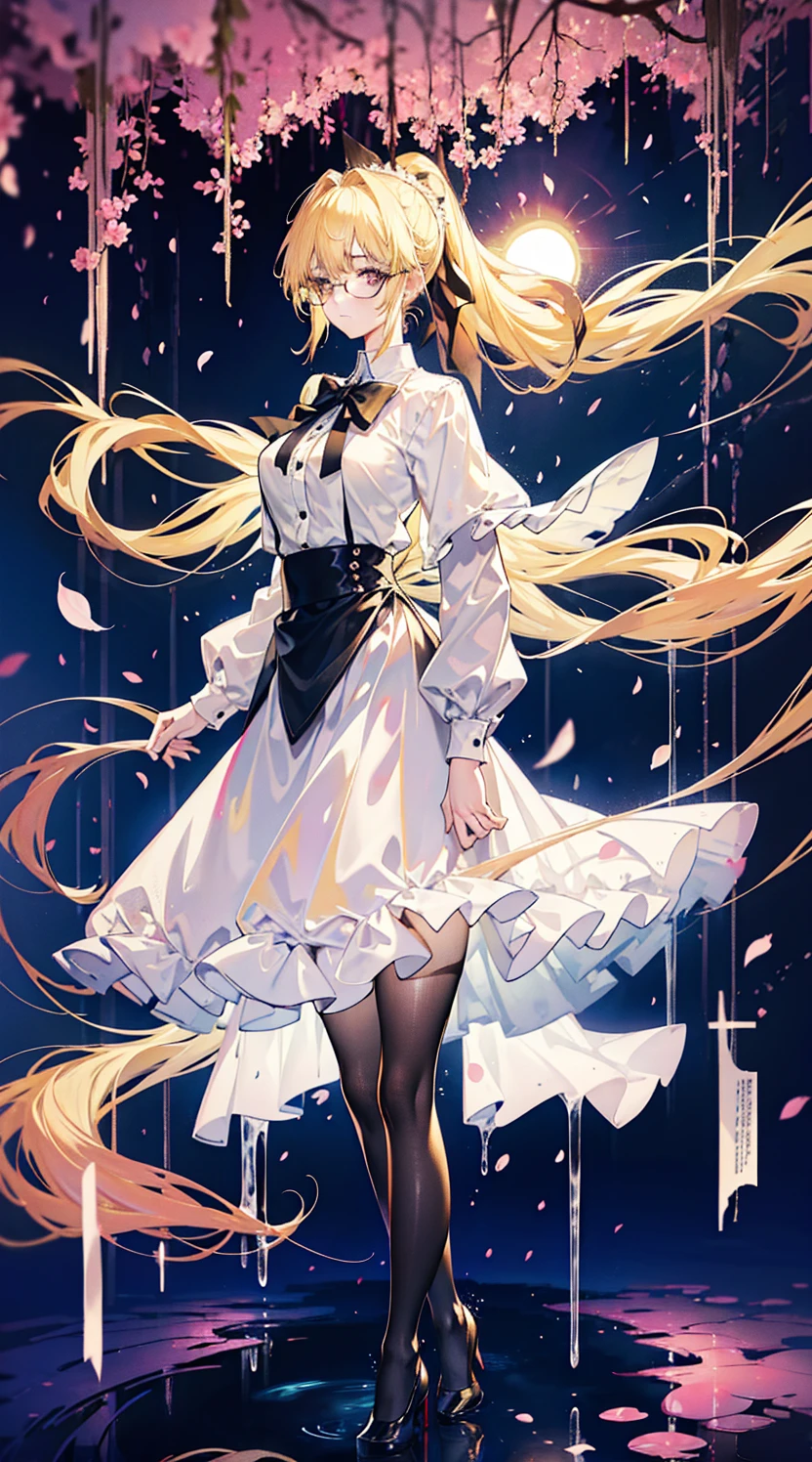 Young and beautiful Kathryn Newton, Glasses, White dress shirt, great neckline, Black Mini Dress, Dark pantyhose, High balance, Surreal, , Model figure, Large Breasts, Beautiful breasts, Big Ass, Long hair, Ponytail, Blonde hair, Long legs, 8K, Cherry blossoms, sunrise, Detailed reflection, Anime style, sad