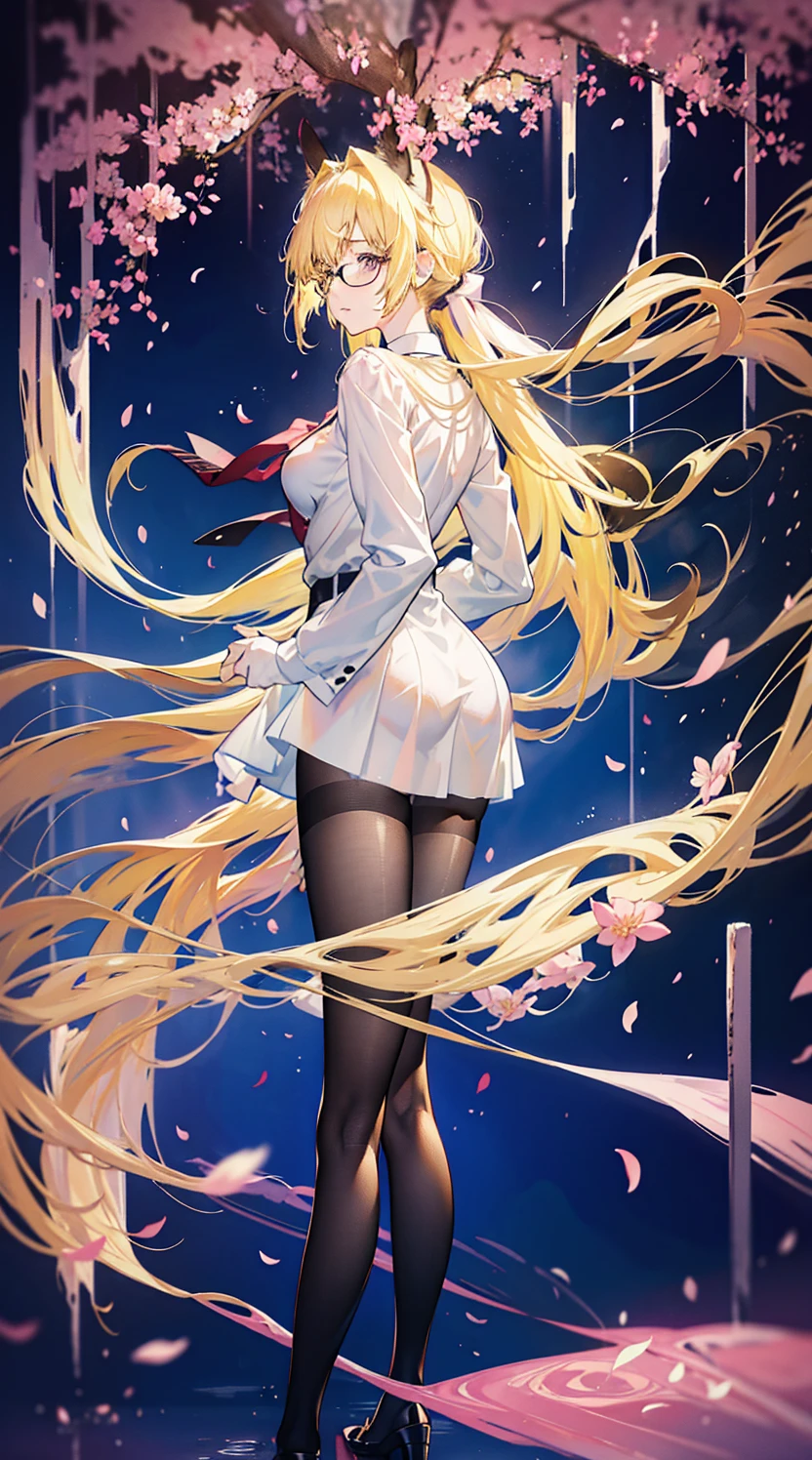 Young and beautiful Kathryn Newton, Glasses, White dress shirt, great neckline, Black Mini Dress, Dark pantyhose, High balance, Surreal, 14 years old, Model figure, Large Breasts, Beautiful breasts, Big Ass, Long hair, Ponytail, Blonde hair, Long legs, 8K, Cherry blossoms, sunrise, Detailed reflection, Anime style, sad