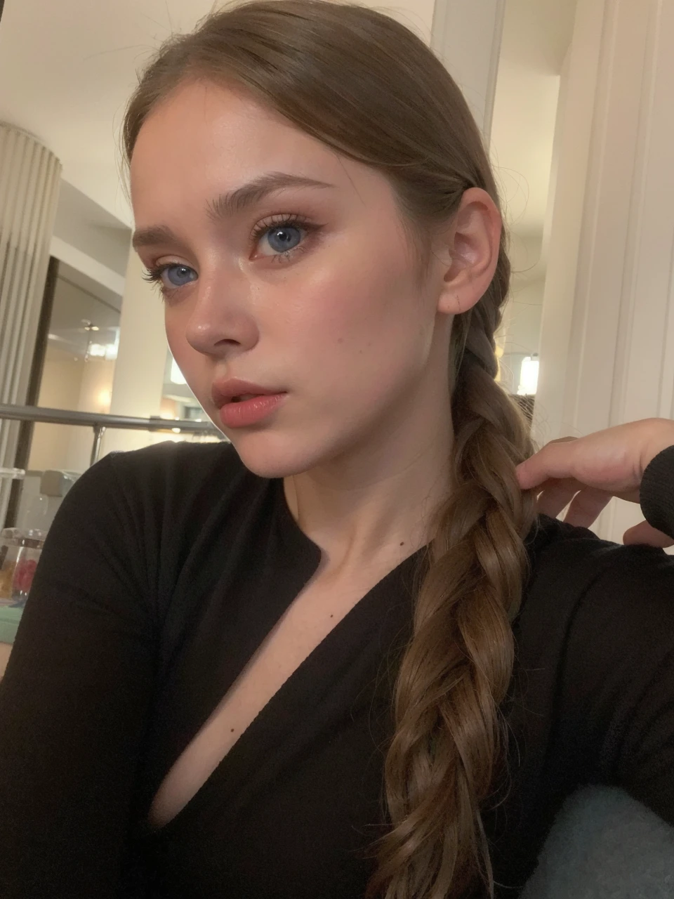 best quality, face focus, soft light, ultra high res, (photorealistic:1.4), RAW photo,
1 russian girl, solo, cute, (pupil, lights in the eyes),  detailed beautiful face, (small chest),(high resolution detail of human skin texture),
(long hair),
indoor,
Damask Shirt Dress,
(portrait), blue eyes, russian eyes, plump lips 