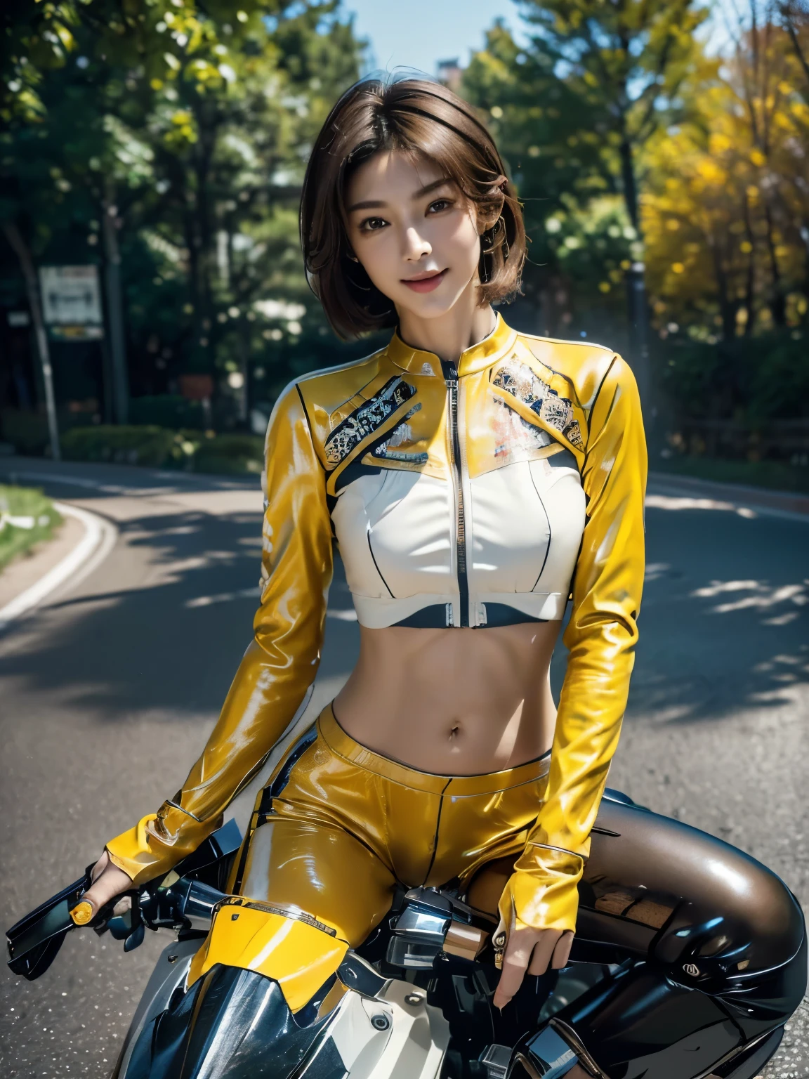 (8K, Highest quality photo quality:1.3), so beautiful, .3d, Brown Hair、Very Short Hair, (Abdominal muscles, Slim figure: 1.3), (((Intricate details)), Beautiful and delicate face, Beautiful and delicate eyes, Attractive long limbs, smile, (((Detailed Motorcycle)))、(((Riding a motorcycle)))、Full Body Shot、Yellow fitted long sleeve long trouser racing leather suit