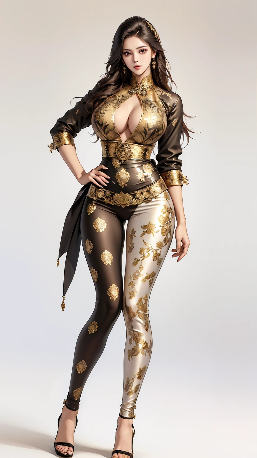 ((best quality,4k,highres,masterpiece:1.2)),((character concept art)), 1 female, age 25, Chinese Hong Kong, Hong Kong Elite, eldest sister, triad female leader, Known for her impeccable fashion sense and elegant demeanor, she is a true embodiment of the Versace brand. Her body language is as captivating as her style, always exuding confidence and high fashion. (((She's wearing an exquisite Versace Barocco-print Shirt in Silk and Barocco-print leggings gold-tone/white/black, a true testament to the brand's luxurious aesthetic.))) Paired with Versace Medusa Tribute Sandals, she carries her ensemble with an air of effortless sophistication. Her accessories include a Versace Medusa Tribute Bag and a pair of Versace Tribute Sunglasses, enhancing her overall look. ((intricate detail)), super finely detailed hands, ultra finely detailed fingers(((ten fingers))), (standing still with confidently), (full body showcase), (show full body), (no logos on background), (no logo), ((plain background)), ((plain background)), (((empty background))). Huge perky breasts,