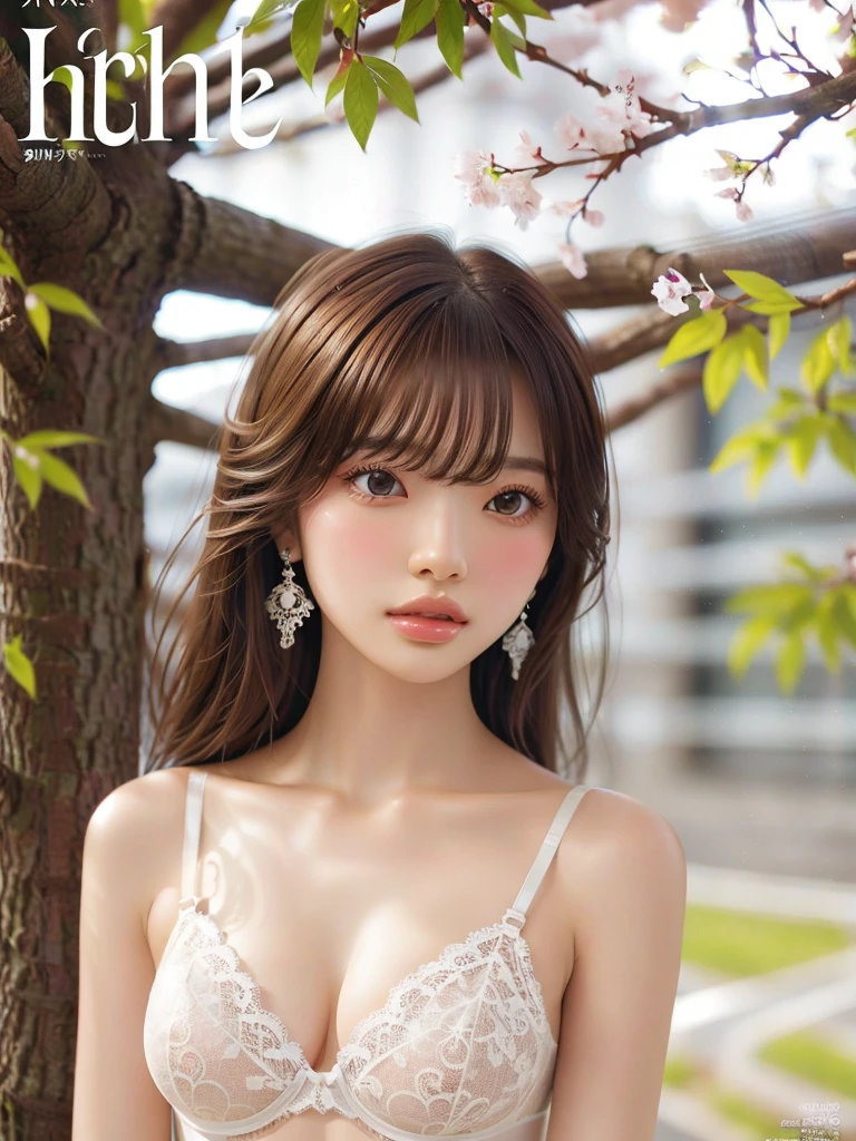 White Background、Professional Lighting、(((Professional Lighting 1.5)))、Translucent skin texture、Beautiful Skin、Beautiful Skin、、(((Whitening 1.5)))、White bra、See-through、、Ecstasy of Musical Notes、((White Lace Bra 1.5))、((See-through1.5)))、Bust up photo、Simple earrings and necklace、(((ファッションMagazine Cover 1.5)))、(((Magazine Cover 1.5)))、Brown Hair、