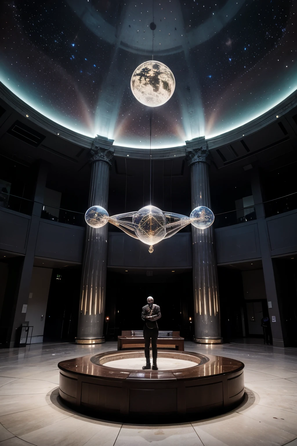 ((Best quality)), ((masterpiece)), (detailed), The meeting of the Union of Intelligent Planets is the embodiment of cosmic harmony and interstellar diplomacy. It is located in the center of the intergalactic parliament, where starlight penetrates through transparent walls, creating the illusion of floating in outer space.

The majestic dome of the hall emits soft light, illuminating a meeting of representatives of different worlds. Each of them takes a place behind the floating podiums, which slowly move in the space of the hall, ensuring perfect visibility for everyone.

The walls are decorated with holographic maps of galaxies, and in the center of the hall there is a sculpture, symbolizing unity and cooperation between civilizations. This piece of art depicts the intertwining of hands, reaching each other through the starry spaces, reminding us of the interdependence and common destiny of all sentient beings.